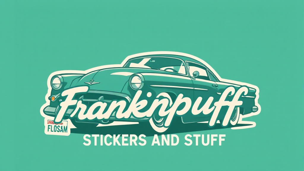 Vintage car illustration with the text 'Frankpuff' and 'Stickers and Stuff' on a green background.