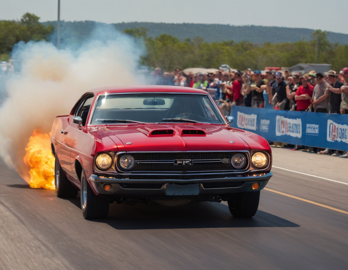 A red vintage muscle car racing at a drag strip with flames and smoke from the exhaust, and a crowd of spectators in the background.