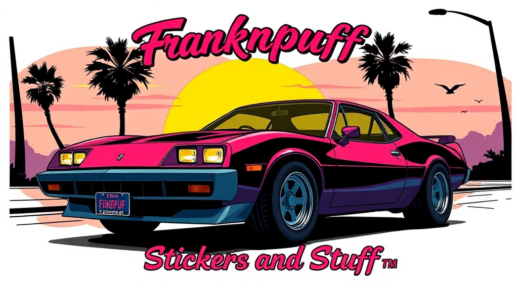 A vibrant, retro-style illustration of a pink Lamborghini Countach parked on a street at sunset. The background features palm trees, a setting sun, and a pink and purple sky. The text 'Franknpuff' is above the car in bold pink cursive, and 'Stickers and Stuff' is below in the same style.