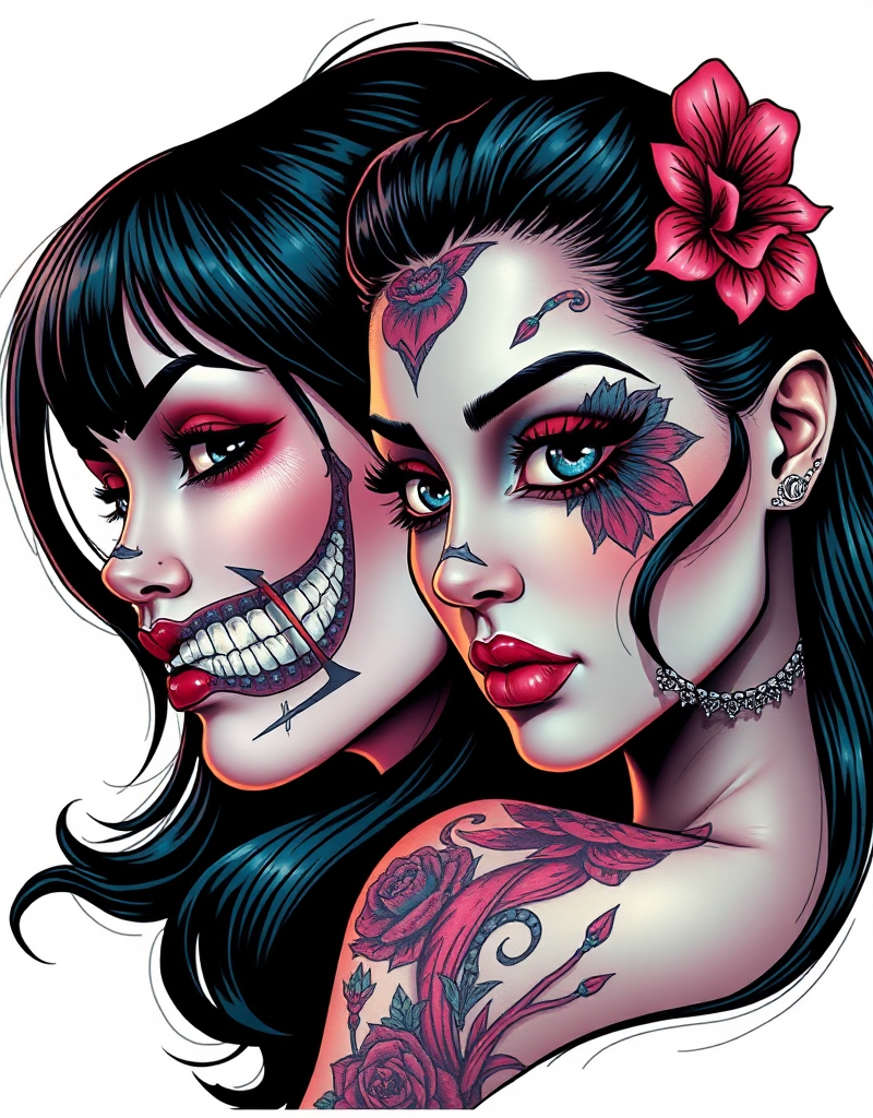 Digital art of two women with dark hair, tattoos, and makeup, featuring Day of the Dead-inspired skull face paint, flowers in their hair, and detailed tattoos on their shoulders and face.