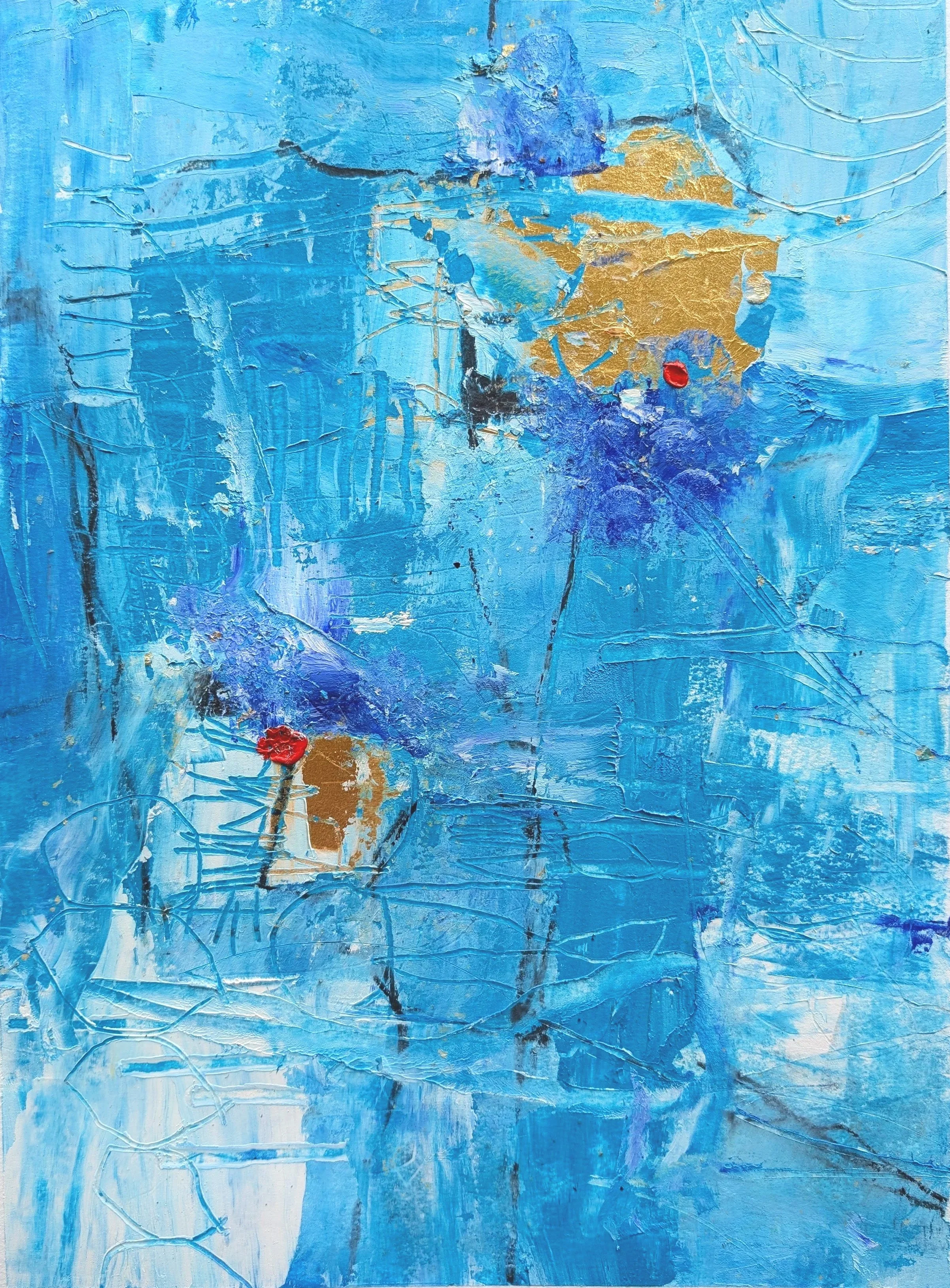 An abstract textured painting dominated by shades of blue, with patches of gold, black, and red, featuring layered brushstrokes and cracks.