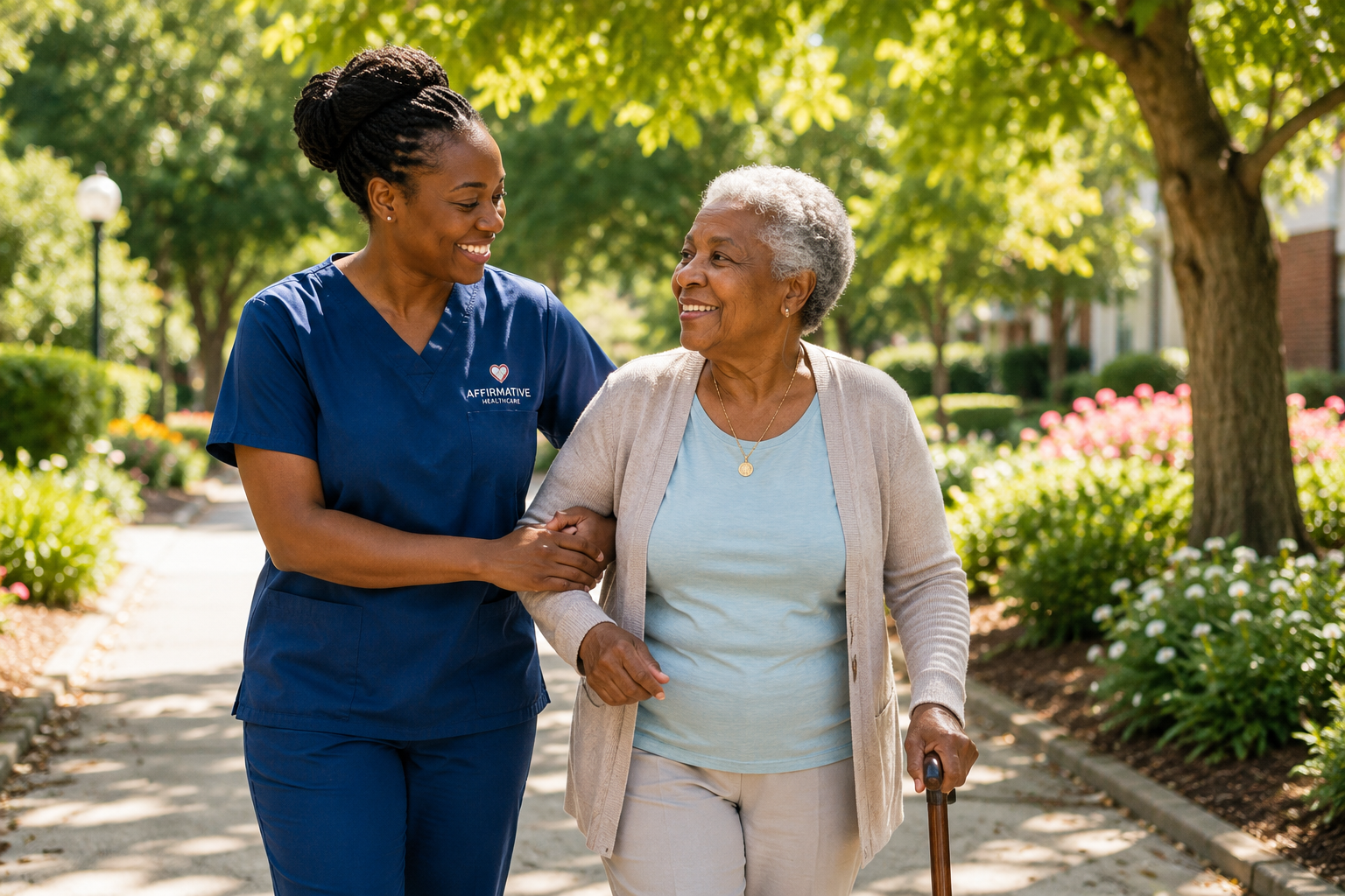 Caregiver assisting an older adult with a cane during a walk outdoors.