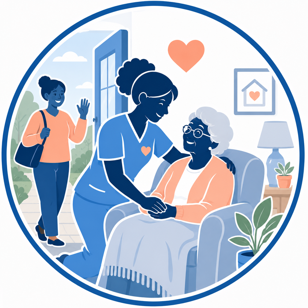 Caregiver arriving at an older adult’s home to provide respite care and companionship.