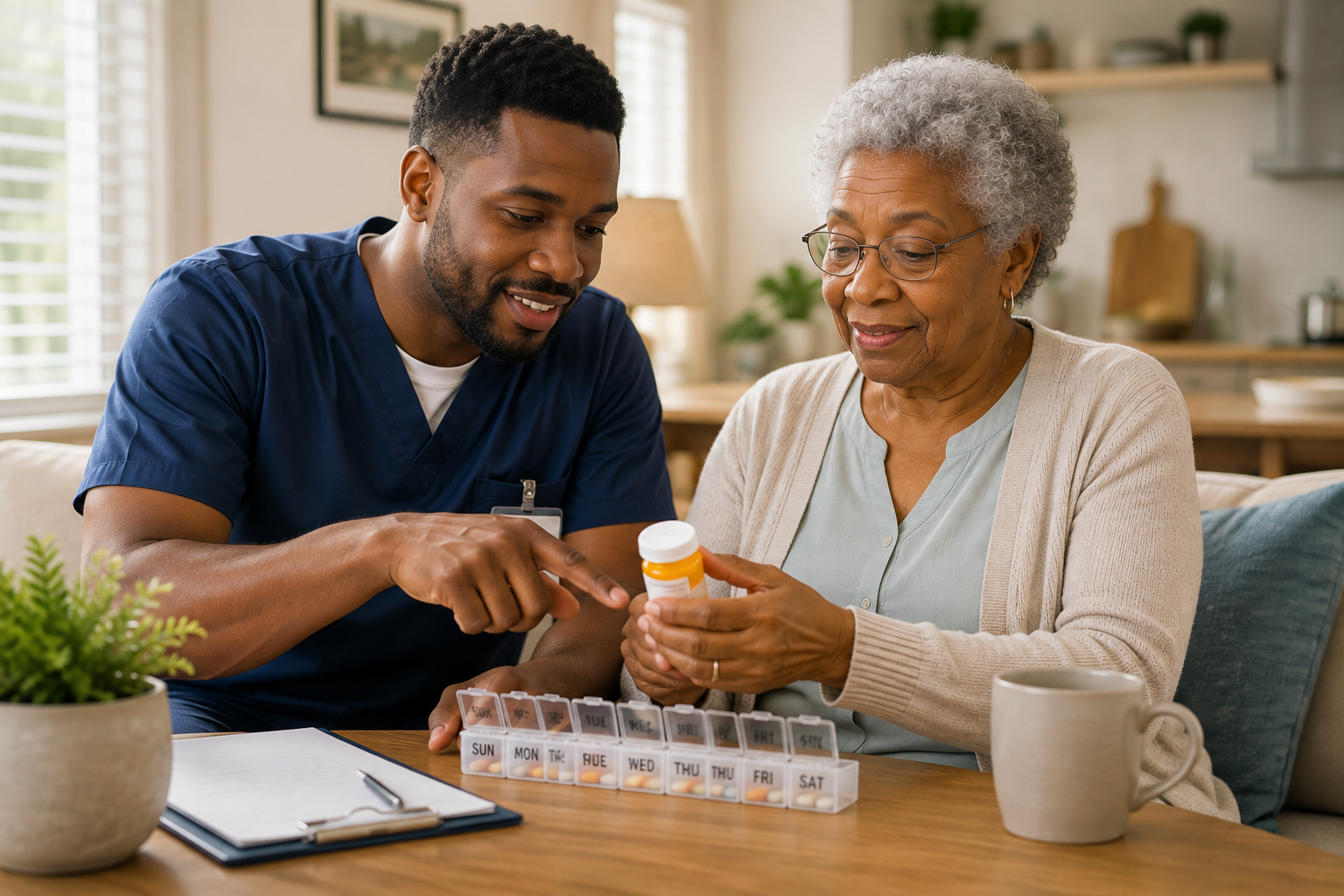 “A caregiver providing medication reminders to an older adult using a pill organizer.”