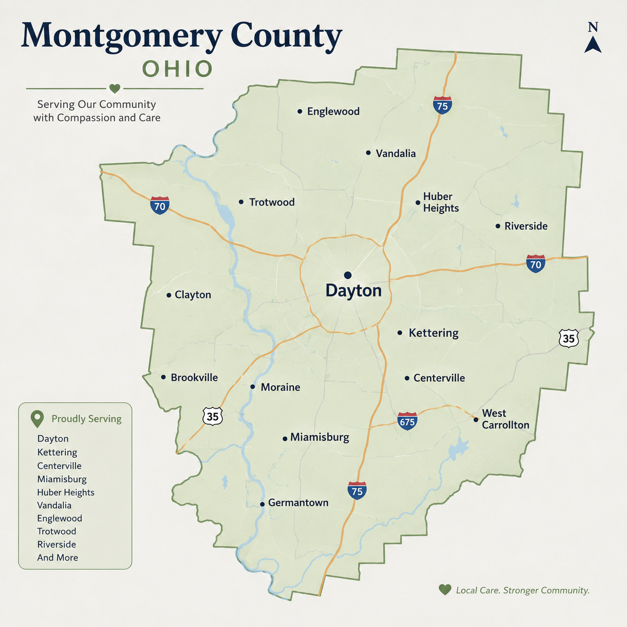 Map showing Affirmative Healthcare LLC's service area in Montgomery County, Ohio.