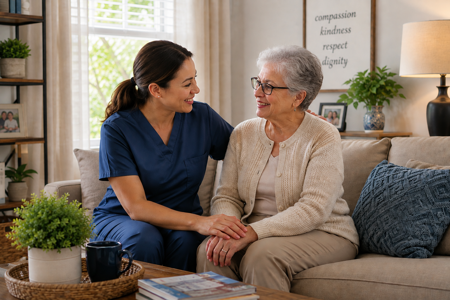 Caregiver sitting with an older adult, smiling and holding hands in a comfortable home setting.