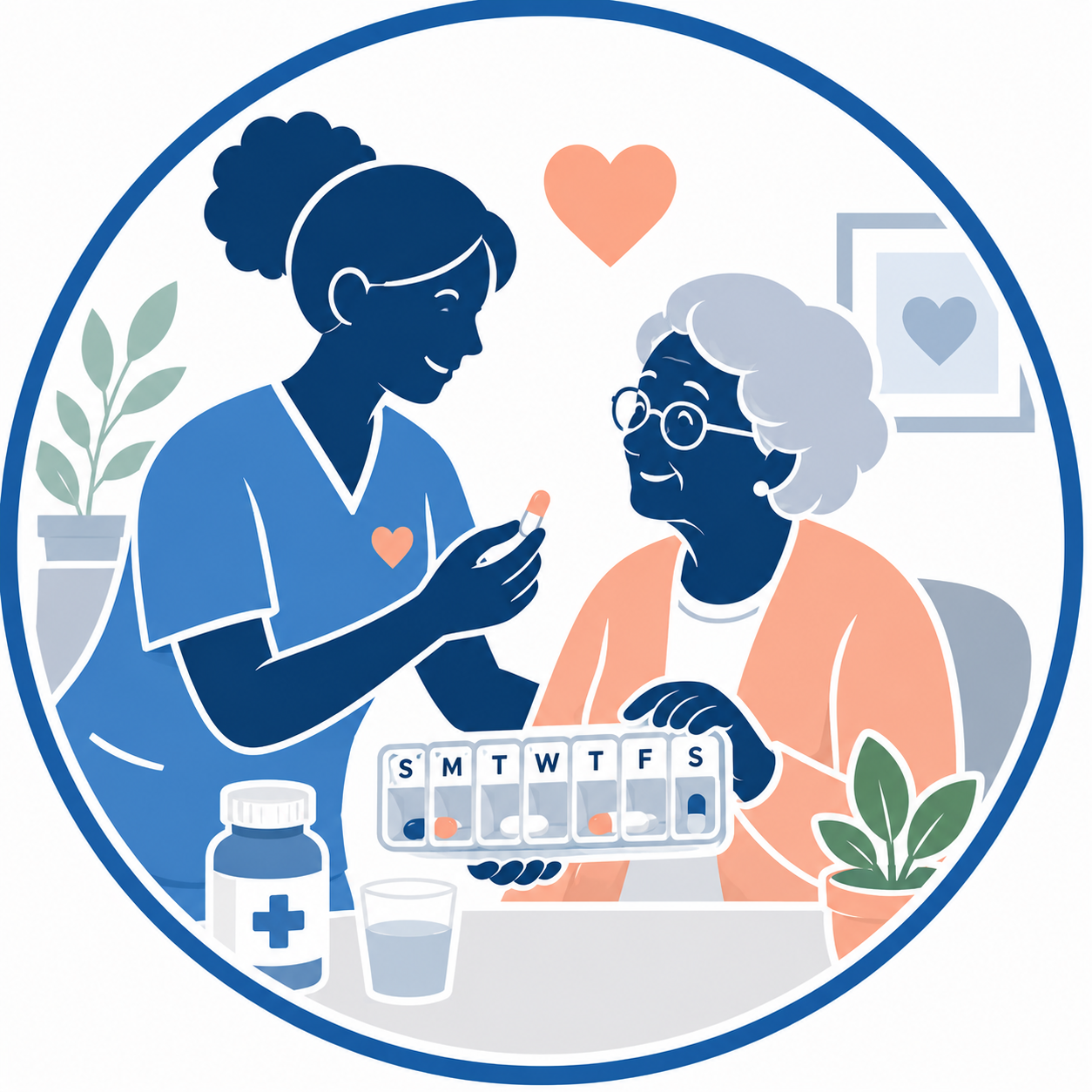 “Caregiver providing medication reminders and reviewing a medication schedule with an older adult.”