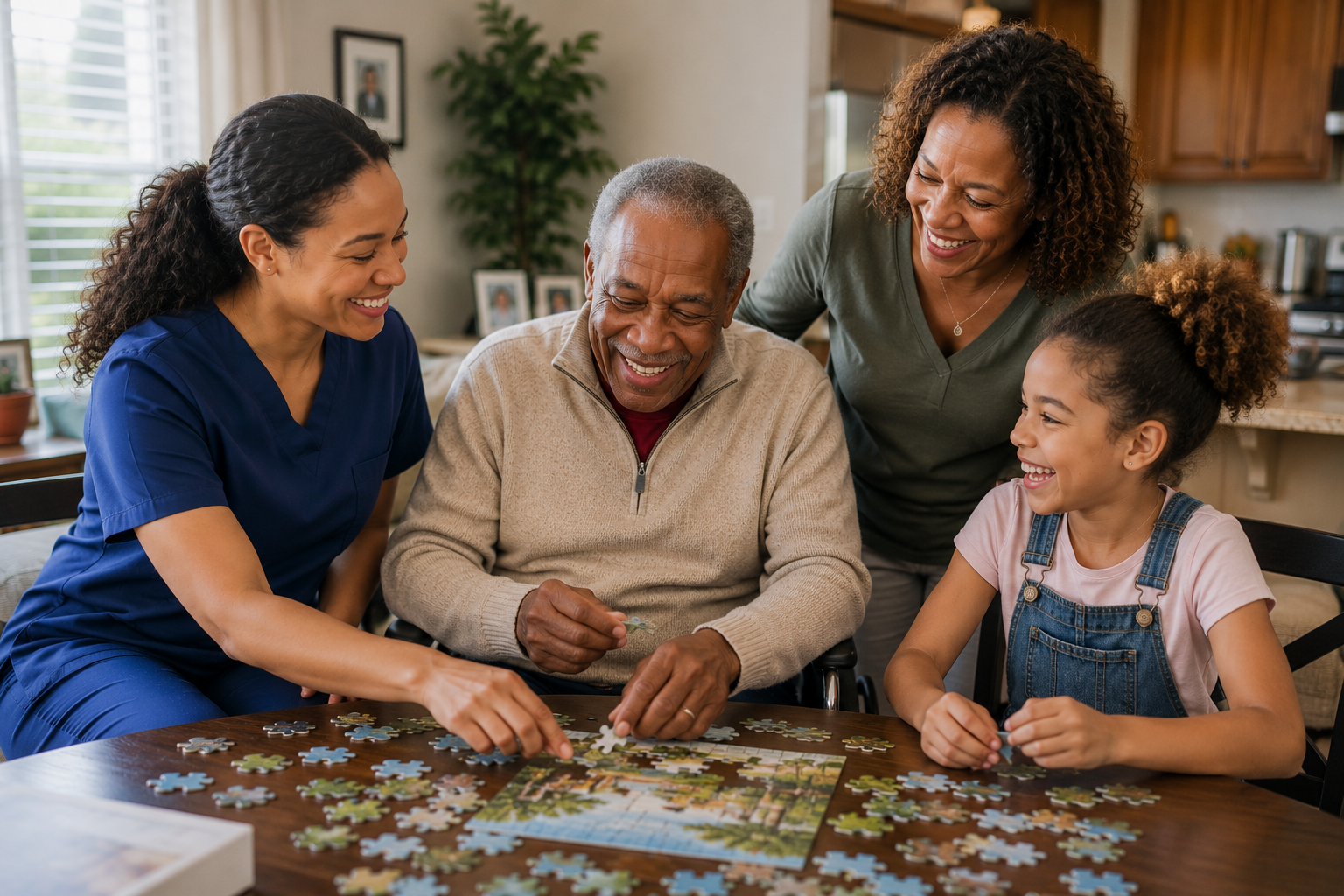 Caregiver and family spending time with an older adult while completing a puzzle together at home.