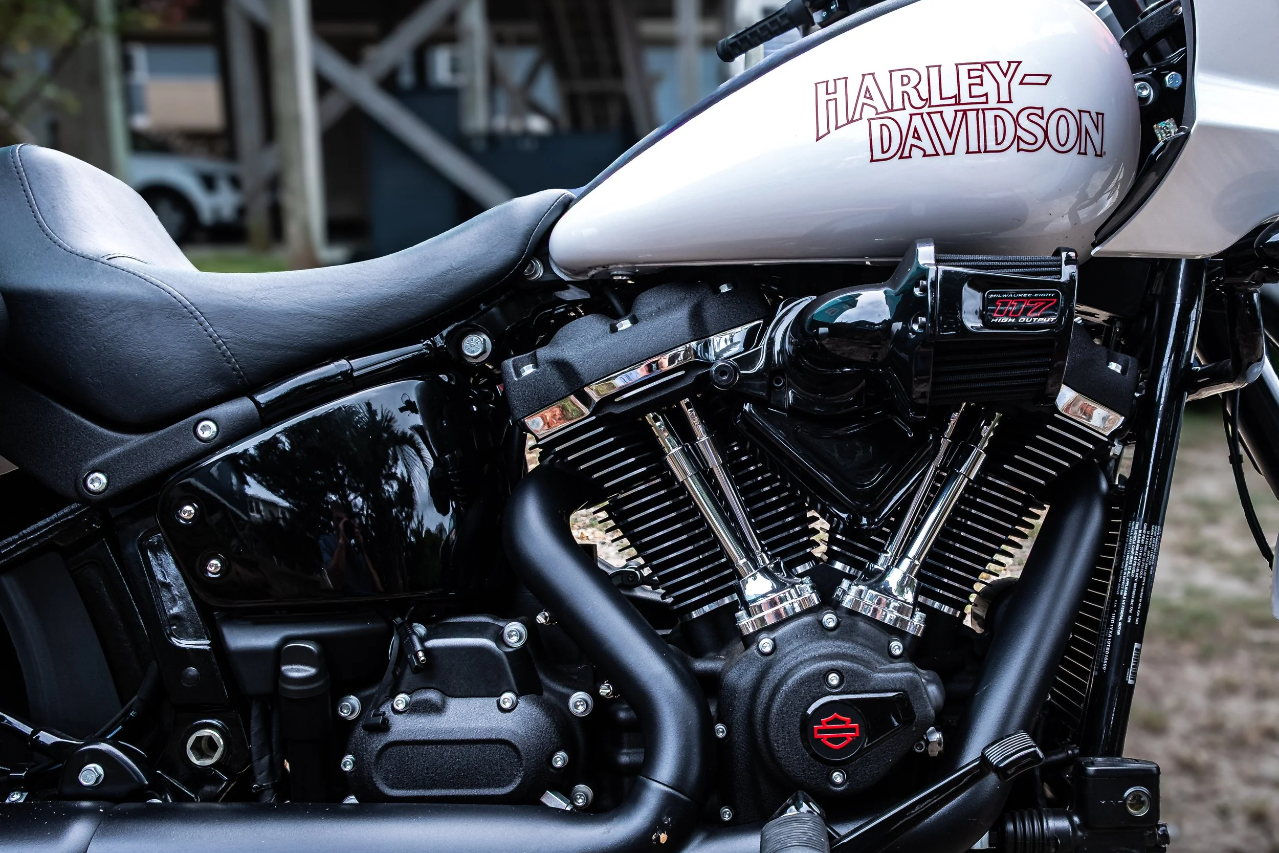 Close-up of a Harley Davidson motorcycle engine and seat, with a white fuel tank displaying the Harley Davidson logo in red lettering.
