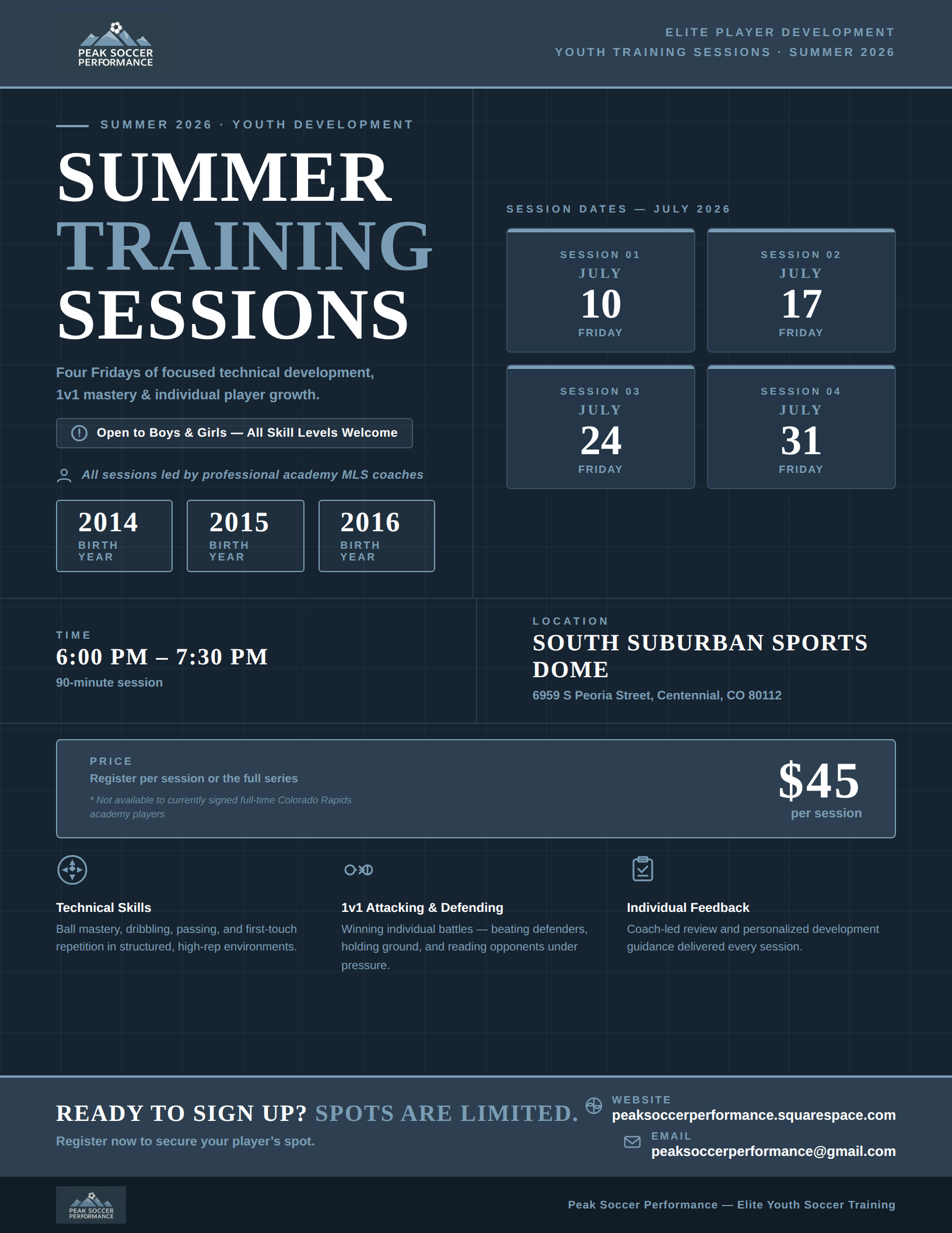 A promotional flyer for Peak Soccer Performance summer youth training sessions in July 2026, featuring session dates, location, time, pricing, and registration details.