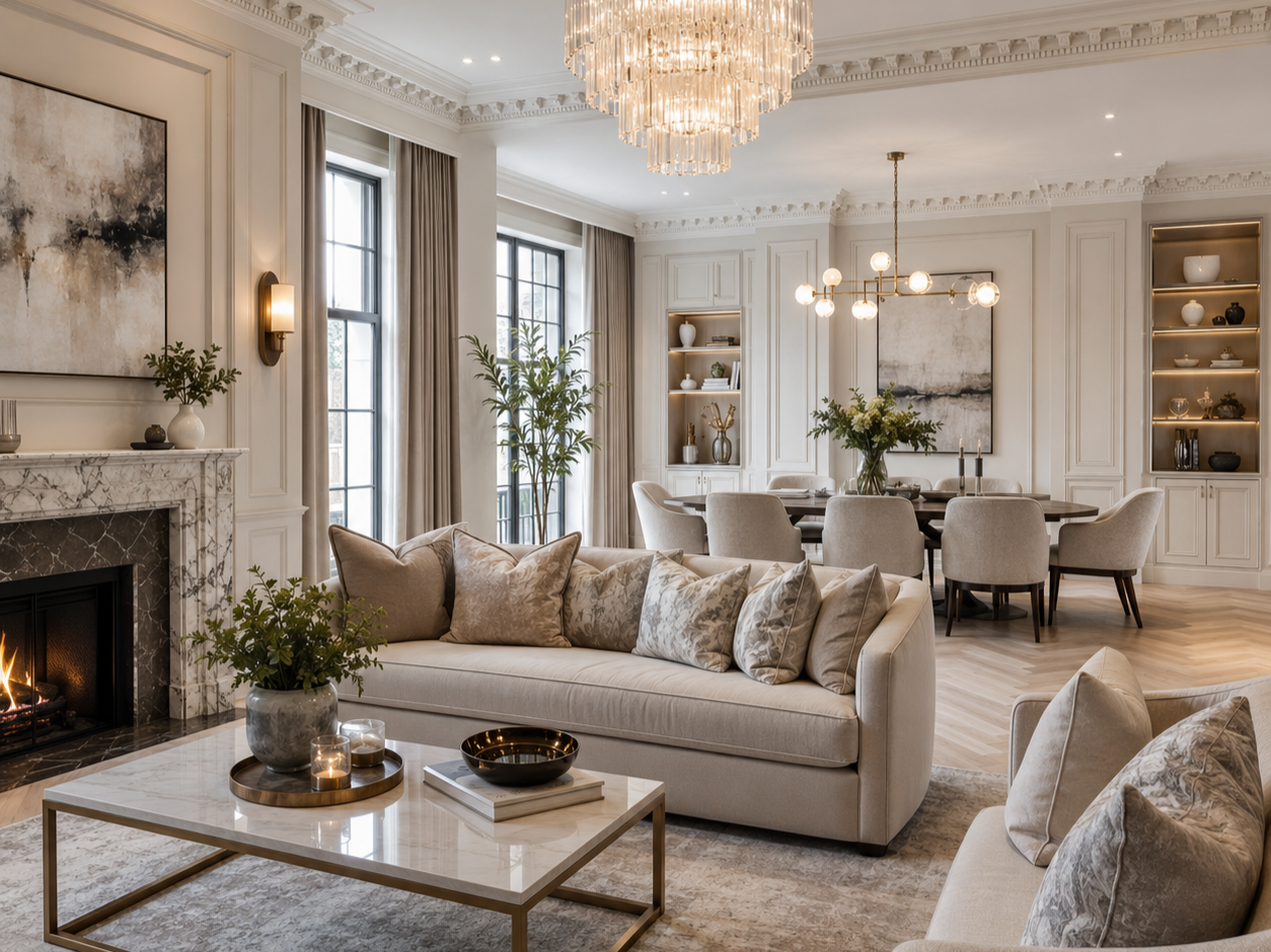 Elegant living room with white walls, large windows, and a modern chandelier. Beige sofas with decorative pillows, a marble fireplace, and a coffee table with candles and plants. In the background, a dining area with a round table, upholstered chairs, and lighted bookshelves.