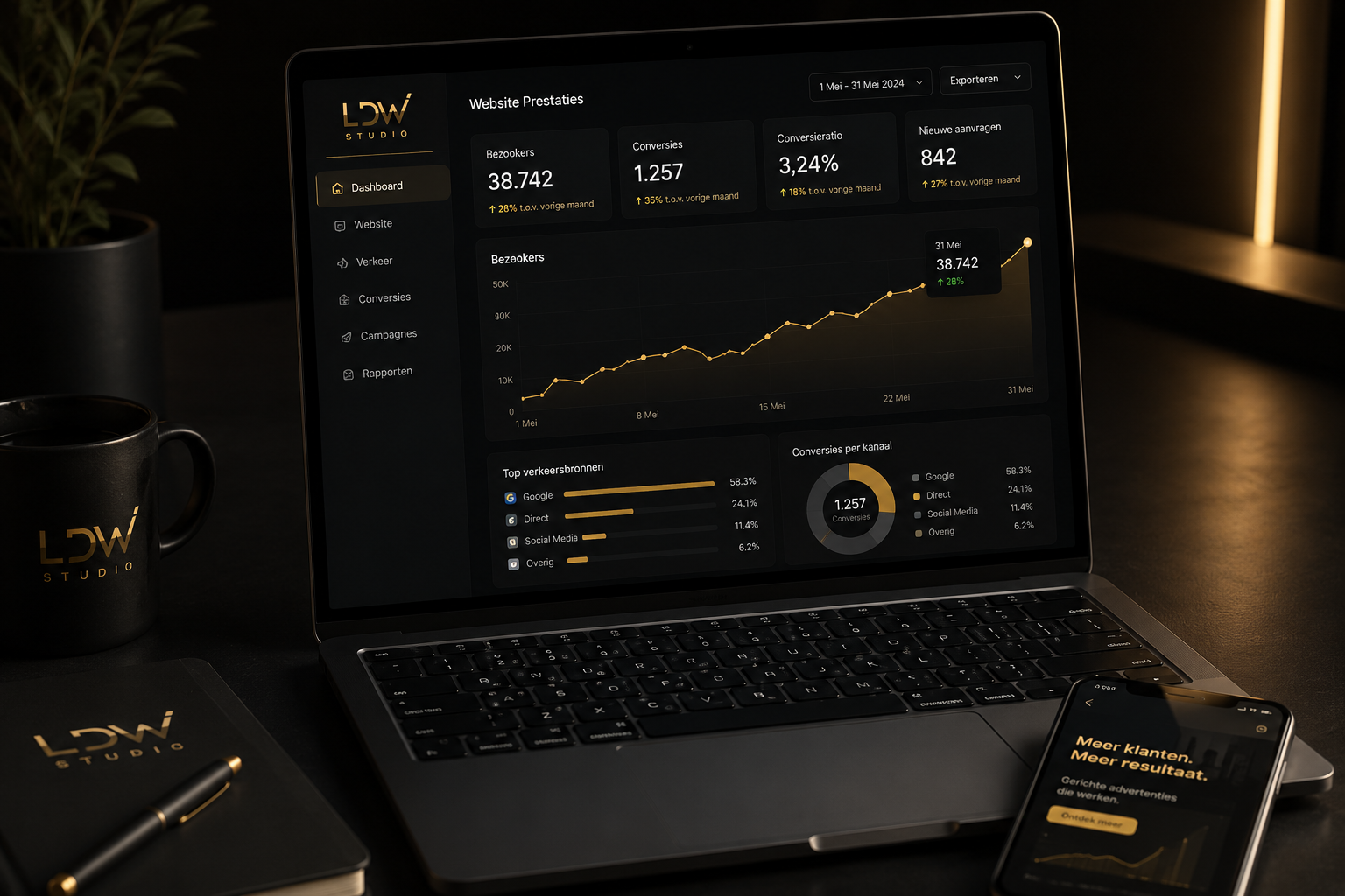 Laptop en smartphone tonen digitale marketinganalyses en statistieken, met grafieken en gegevens over websiteverkeer en conversies, op een donkere tafel met een pen, notitieboek en zwart PH-lijn beker.