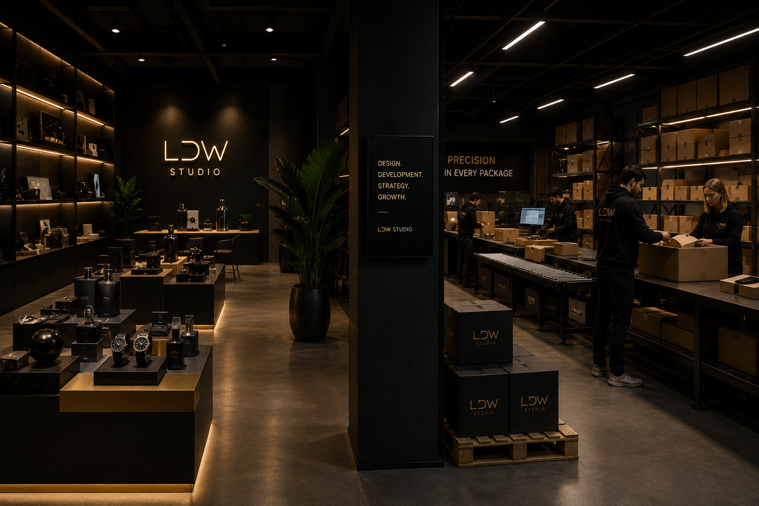 Interieur van een winkel met zwarte en goudkleurige displays, merkenproducten en personeel dat producten inpakt.