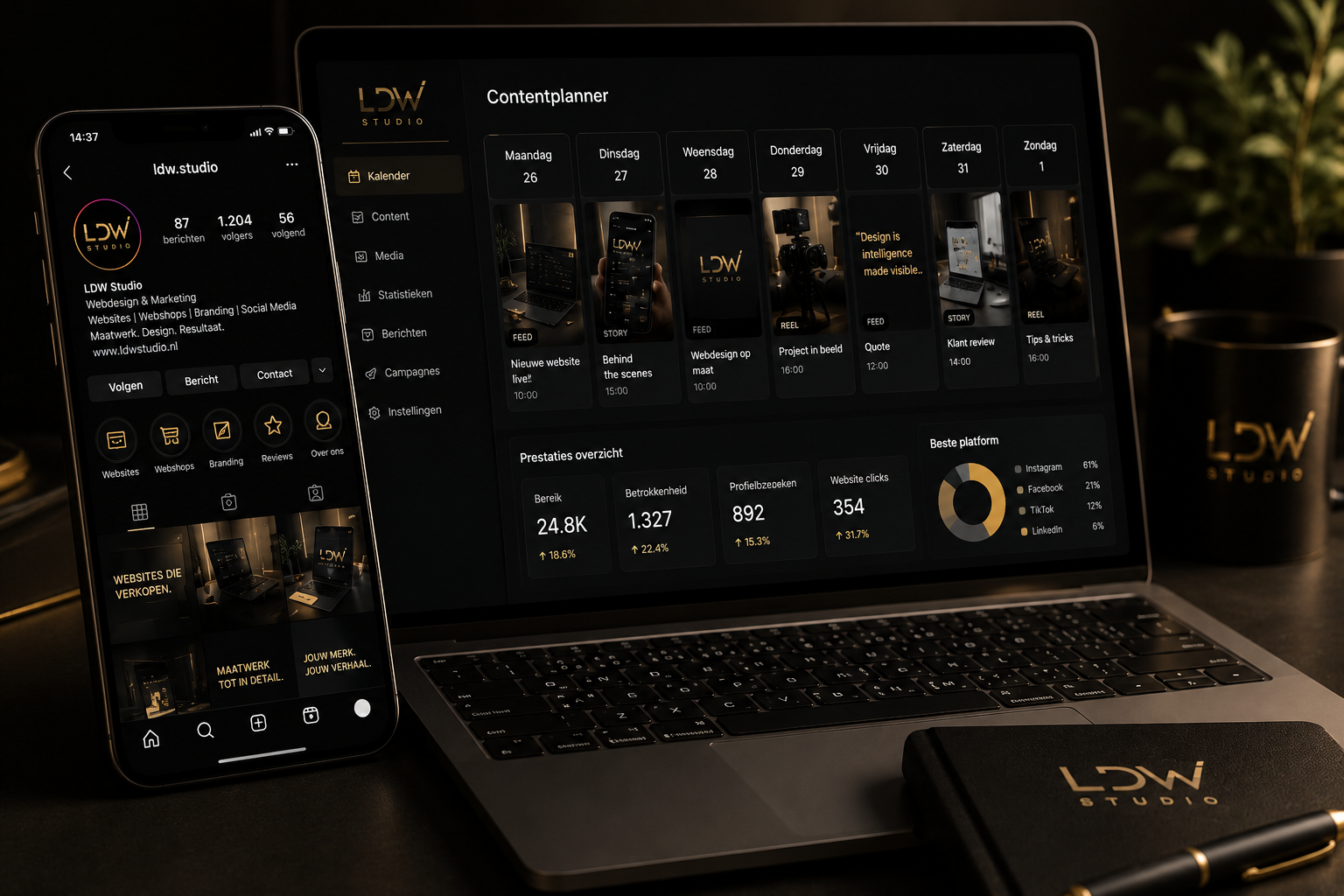Een laptop en een telefoon op een bureau laten een social media profiel en een contentplanning zien, met zwarte achtergrond en gouden accenten, inclusief een beker met het logo 'LDW Studio'.