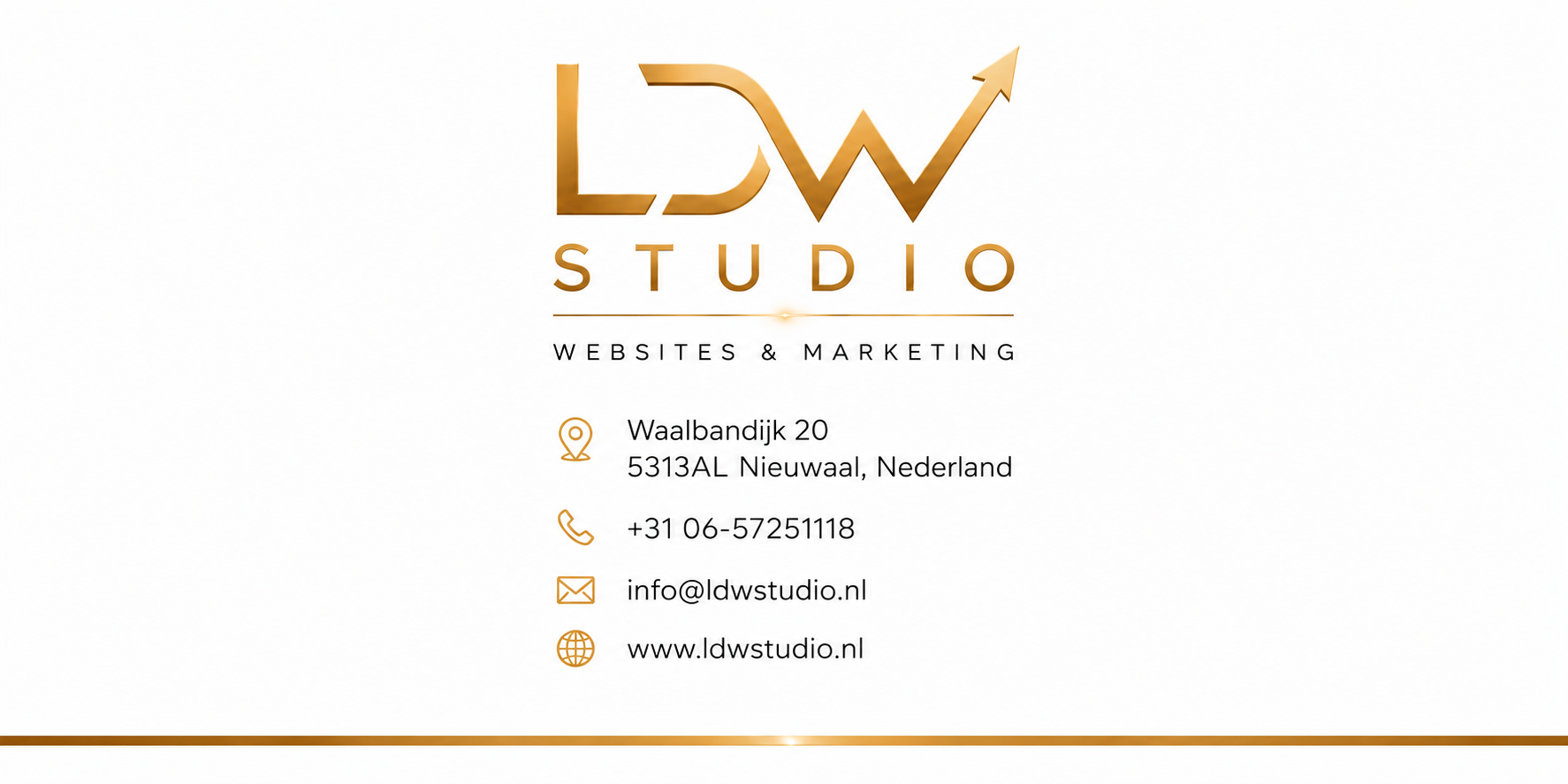Visitekaartje van LDW Studio met logo, adres, telefoonnummer, e-mail en website. Dekt de tekst en iconen weer.
