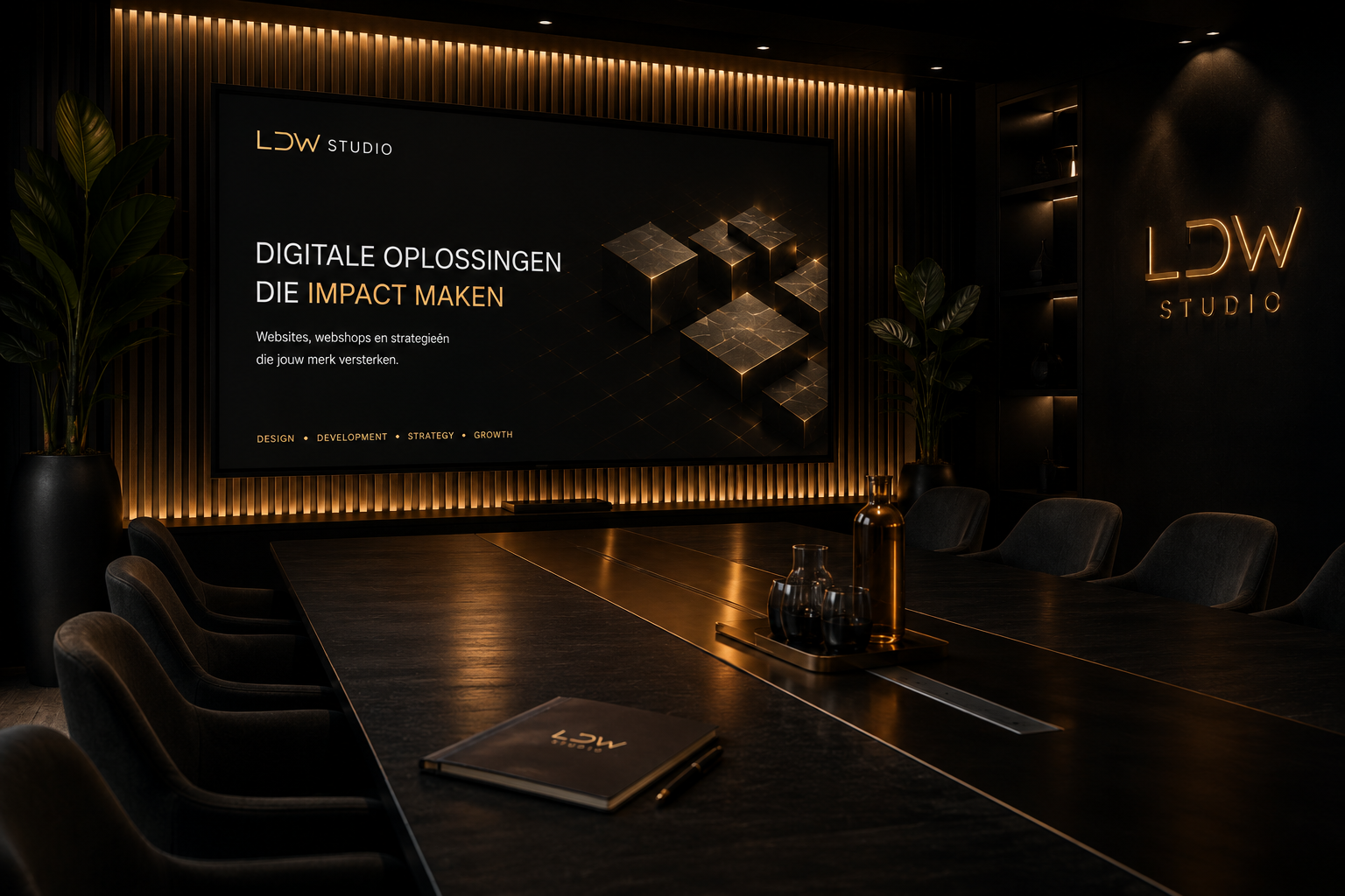 Een donkere vergaderruimte met een grote tafel, een groot scherm met de tekst 'Digitale oplossingen die impact maken', en de naam 'LDW Studio' op de muur. Op de tafel liggen een boek en enkele glazen en een fles.