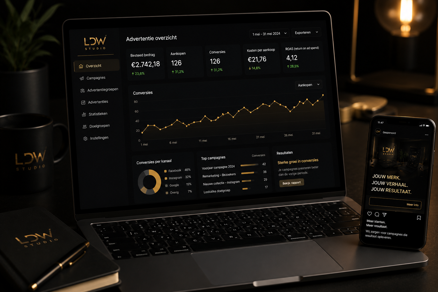 Een laptop en een smartphone op een bureau, beiden tonen dashboards met grafieken en statistieken over advertentiecampagnes. Er staat ook een notitieboekje en een pen met het LDW Studio logo.