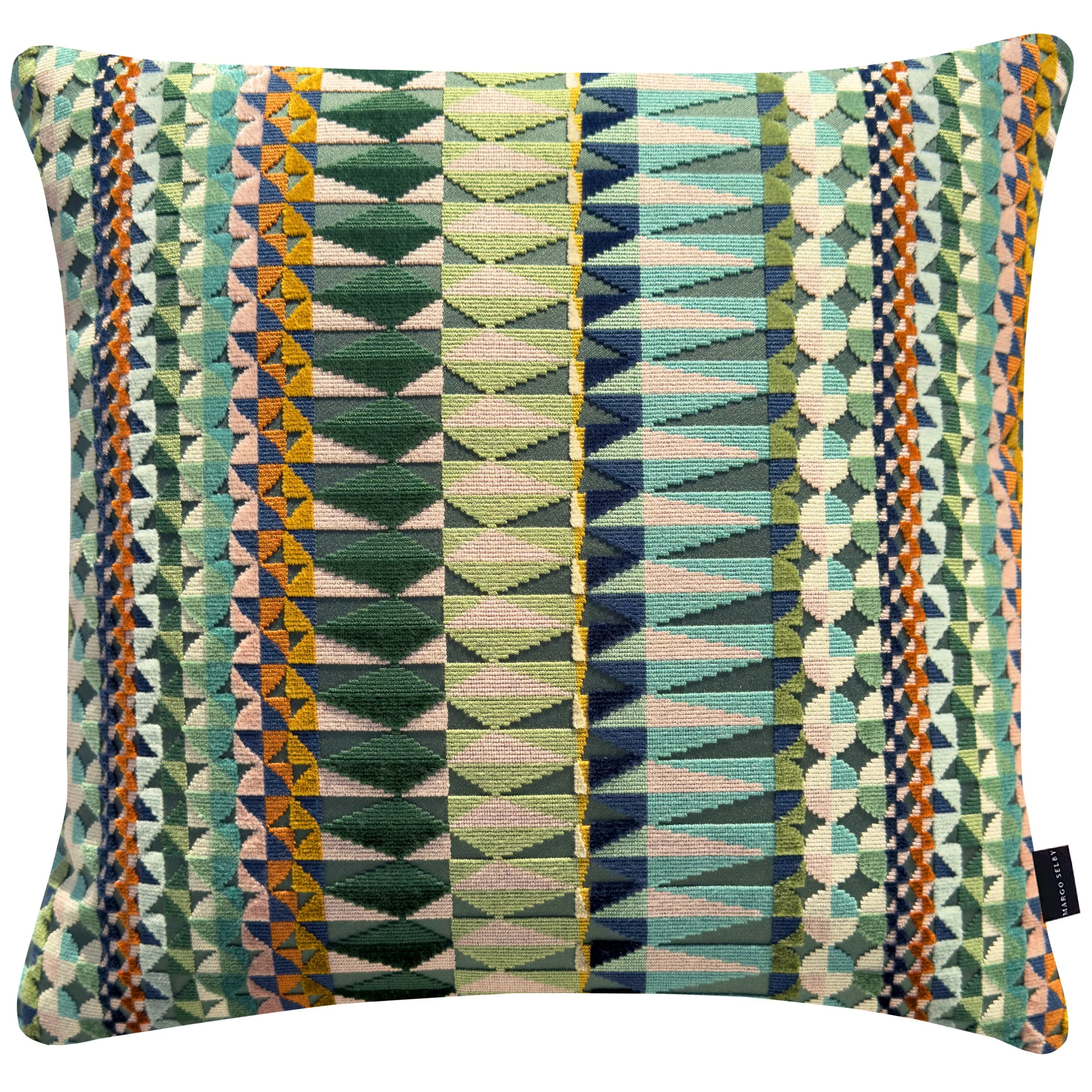 Colorful woven decorative pillow with geometric patterns including triangles, diamonds, and circles in shades of green, blue, yellow, and pink.