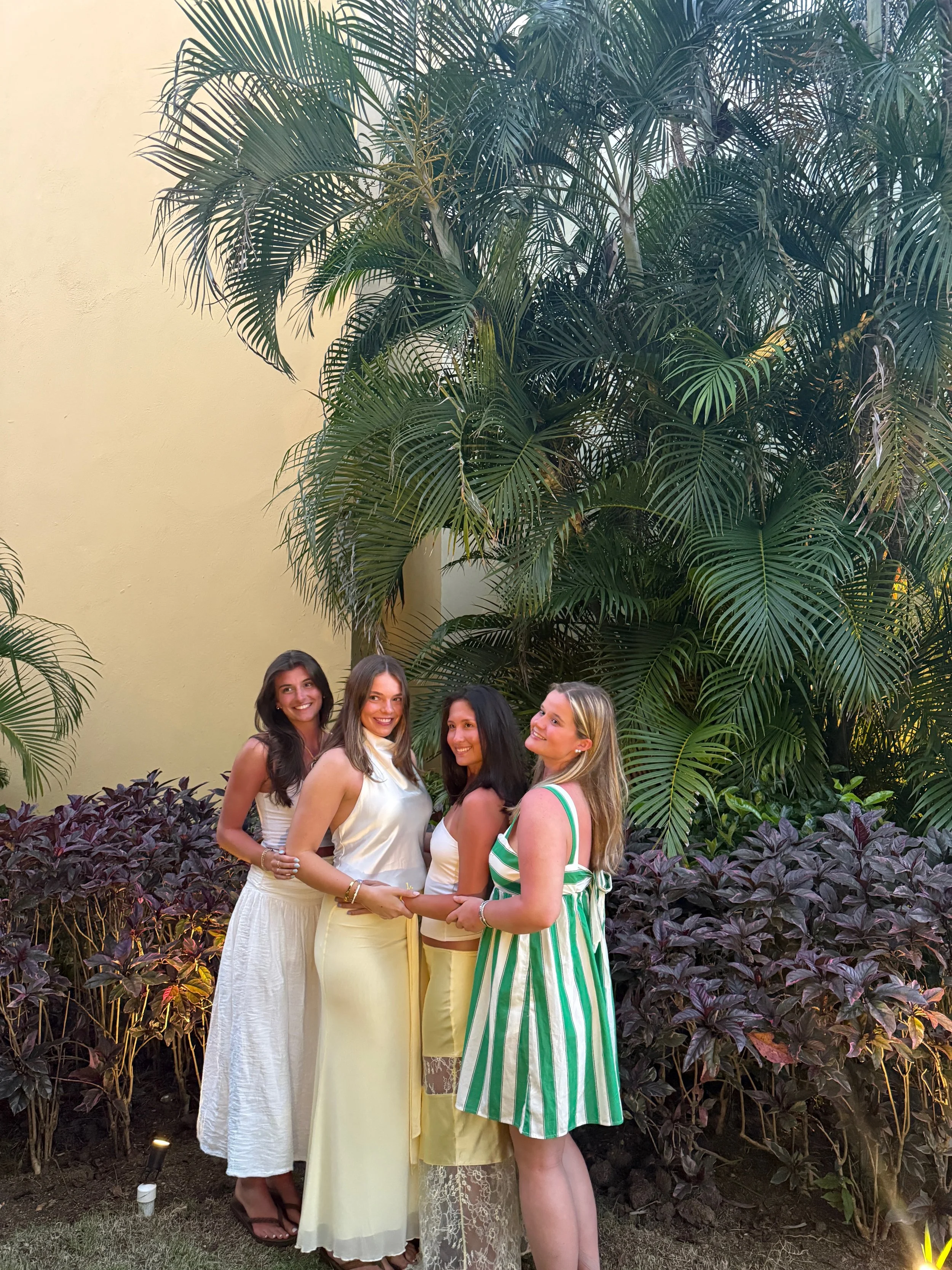 Four women standing together outdoors in front of large green plants and purple foliage, smiling and holding hands.