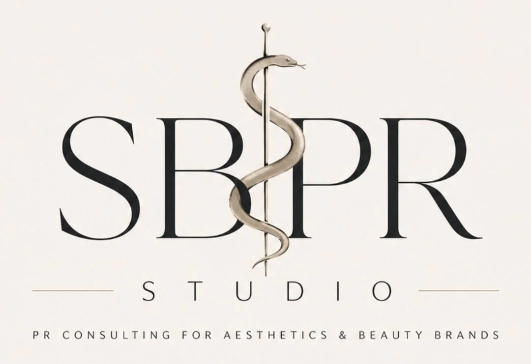 Logo for SBPR Studio with a snake wrapped around a medical staff, and the text 'PR Consulting for Aesthetics & Beauty Brands'.