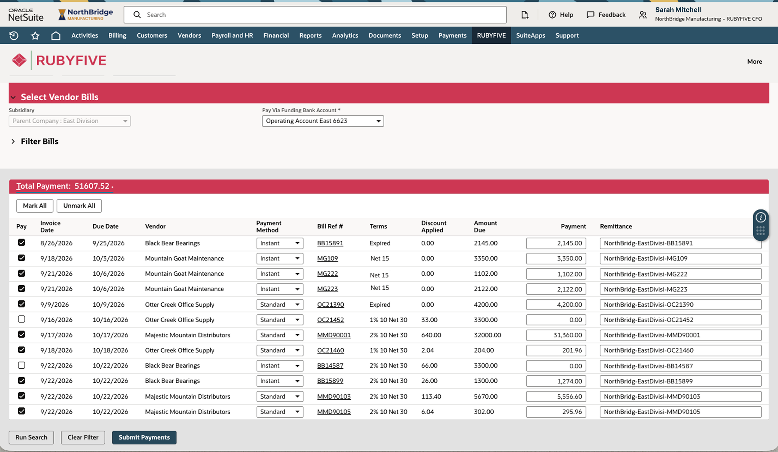 RUBYFIVE payment workflow in NetSuite showing vendor bills, payment methods and amounts due.