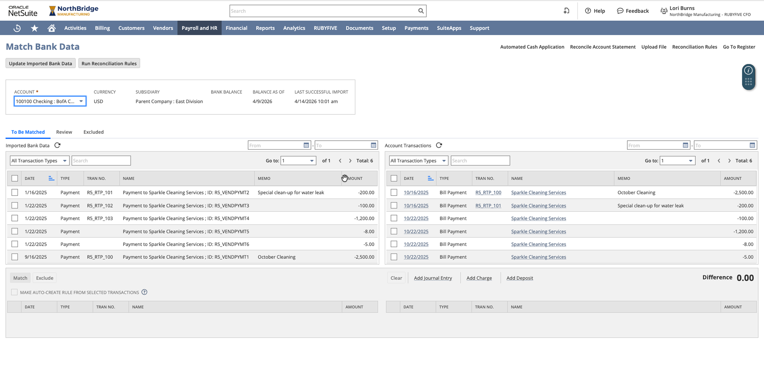 NetSuite bank reconciliation showing imported bank transactions and payment matching.