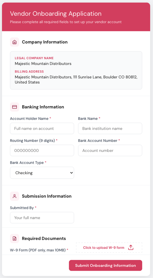 RUBYFIVE vendor onboarding form for securely collecting company information, banking details and W-9 documentation.
