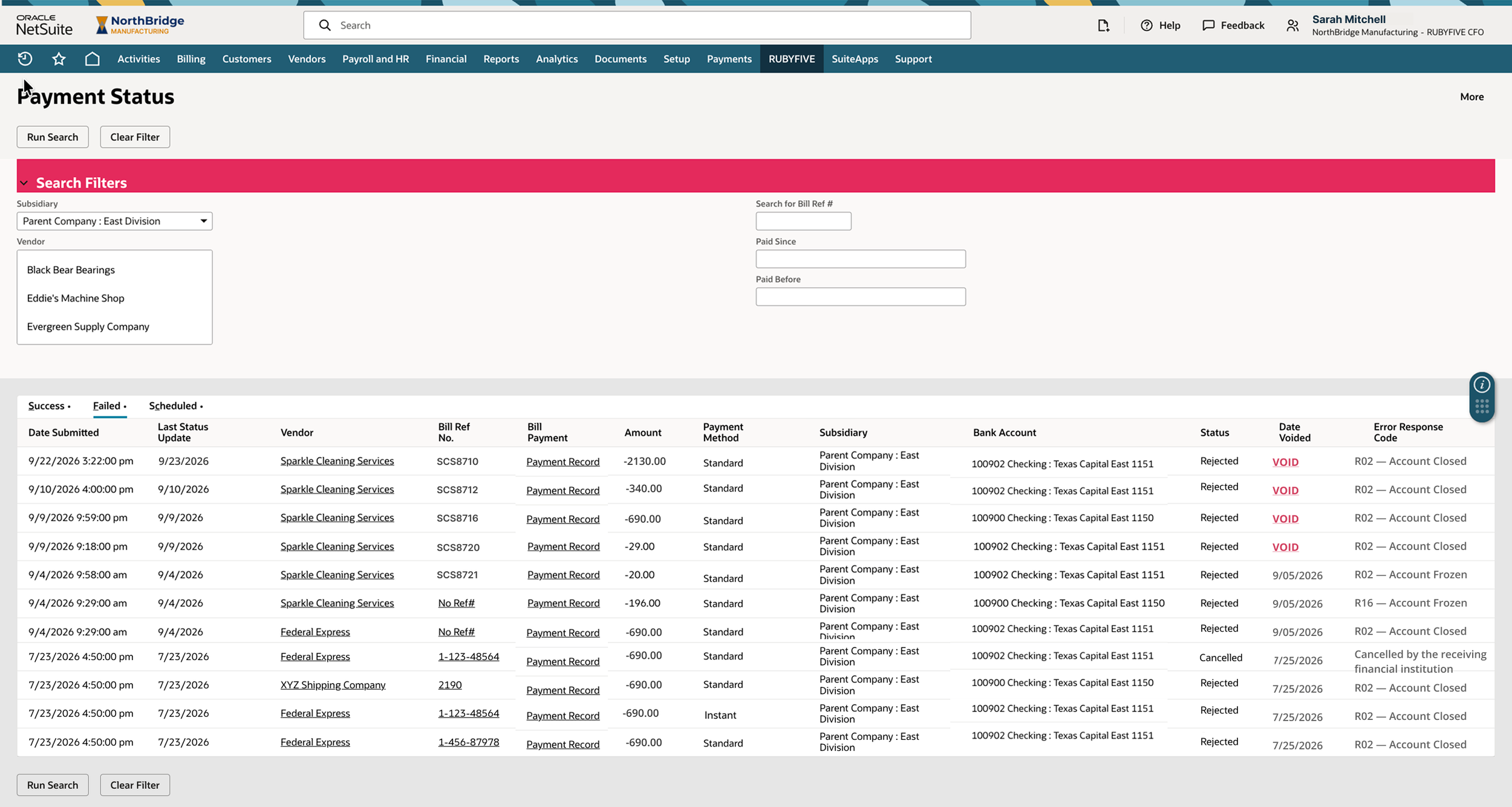 RUBYFIVE payment status in NetSuite showing payment transactions, status and bank responses.