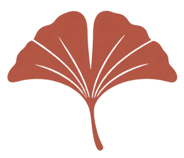 A fan-shaped, stylized drawing of a ginkgo leaf in reddish-brown color.