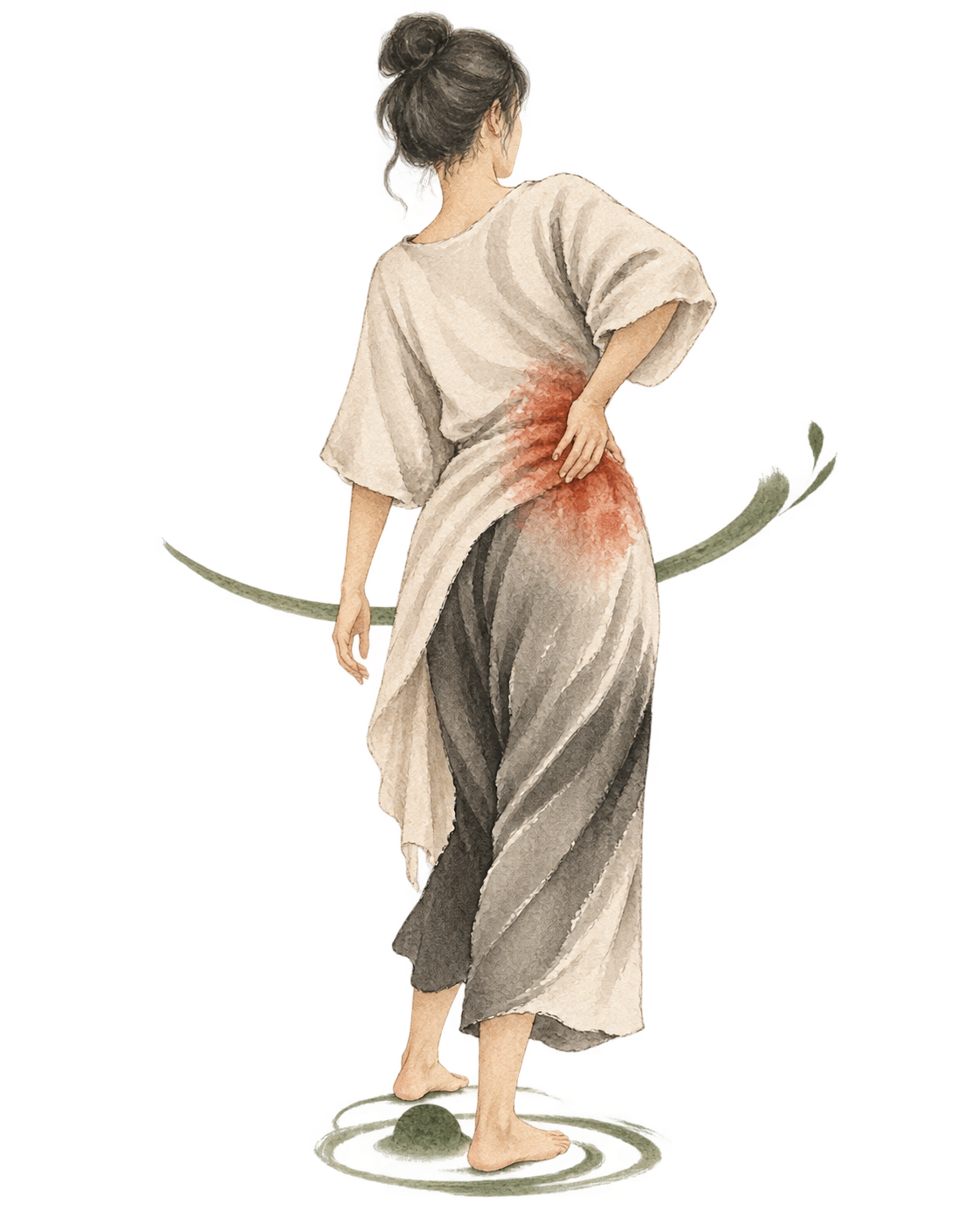 A watercolor illustration of a woman with her back turned, dressed in traditional clothing, with her hand on her lower back showing pain, and a small plant or branch behind her.