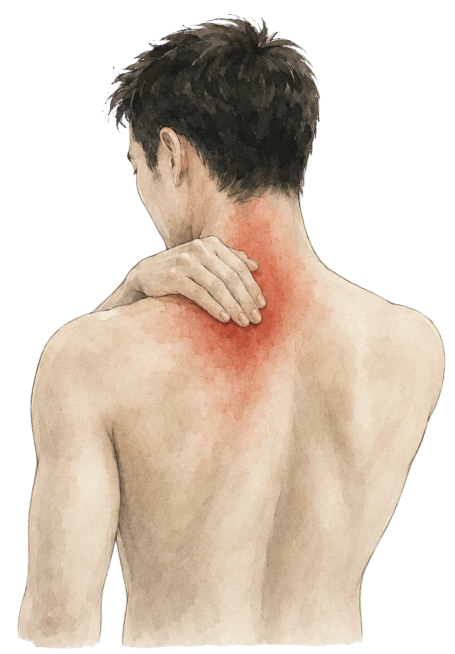 A watercolor painting of a shirtless man with dark hair, holding his neck with his right hand. He has a red, irritated area on the back of his neck.
