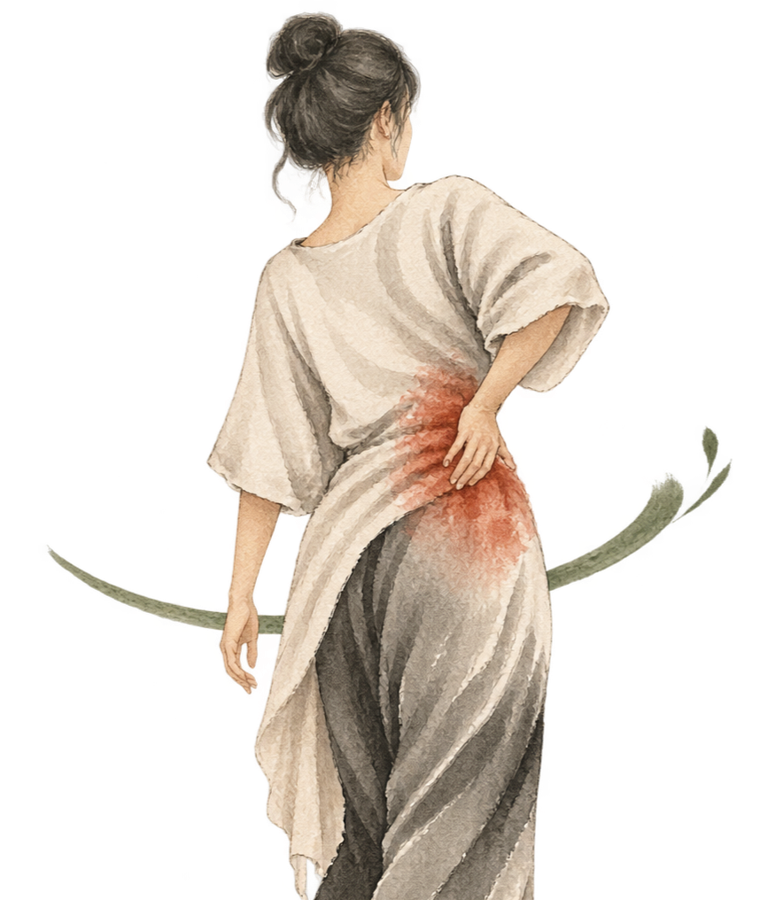 Watercolor illustration of a woman with dark hair in a bun, dressed in a loose beige and gray dress, holding her lower back with her right hand, indicating back pain.