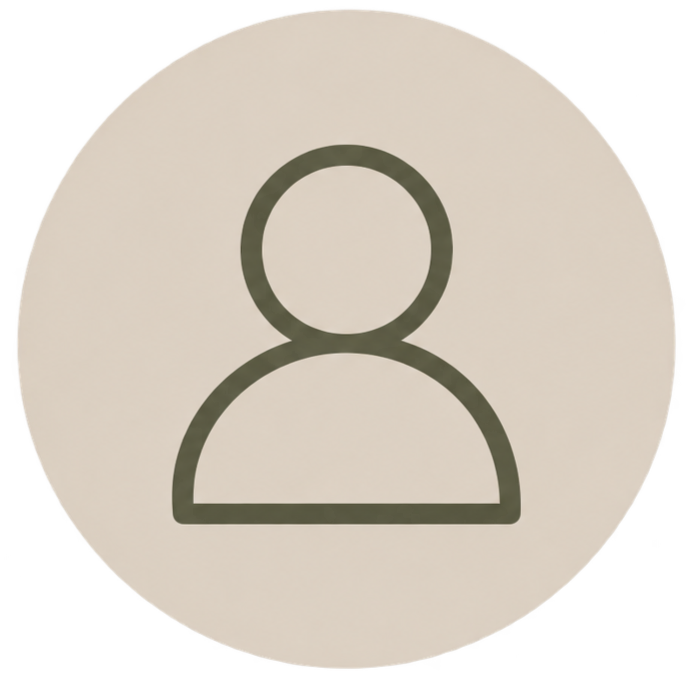 A simple, minimalistic icon of a user silhouette in dark gray on a beige circular background.