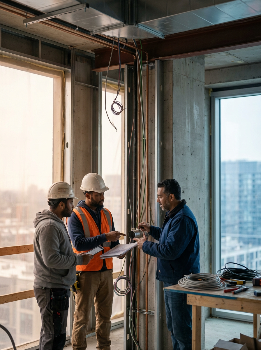 Three construction workers, two wearing white safety helmets and one in a blue jacket, inspecting a pipe inside a building under construction. Large windows and construction tools are visible.