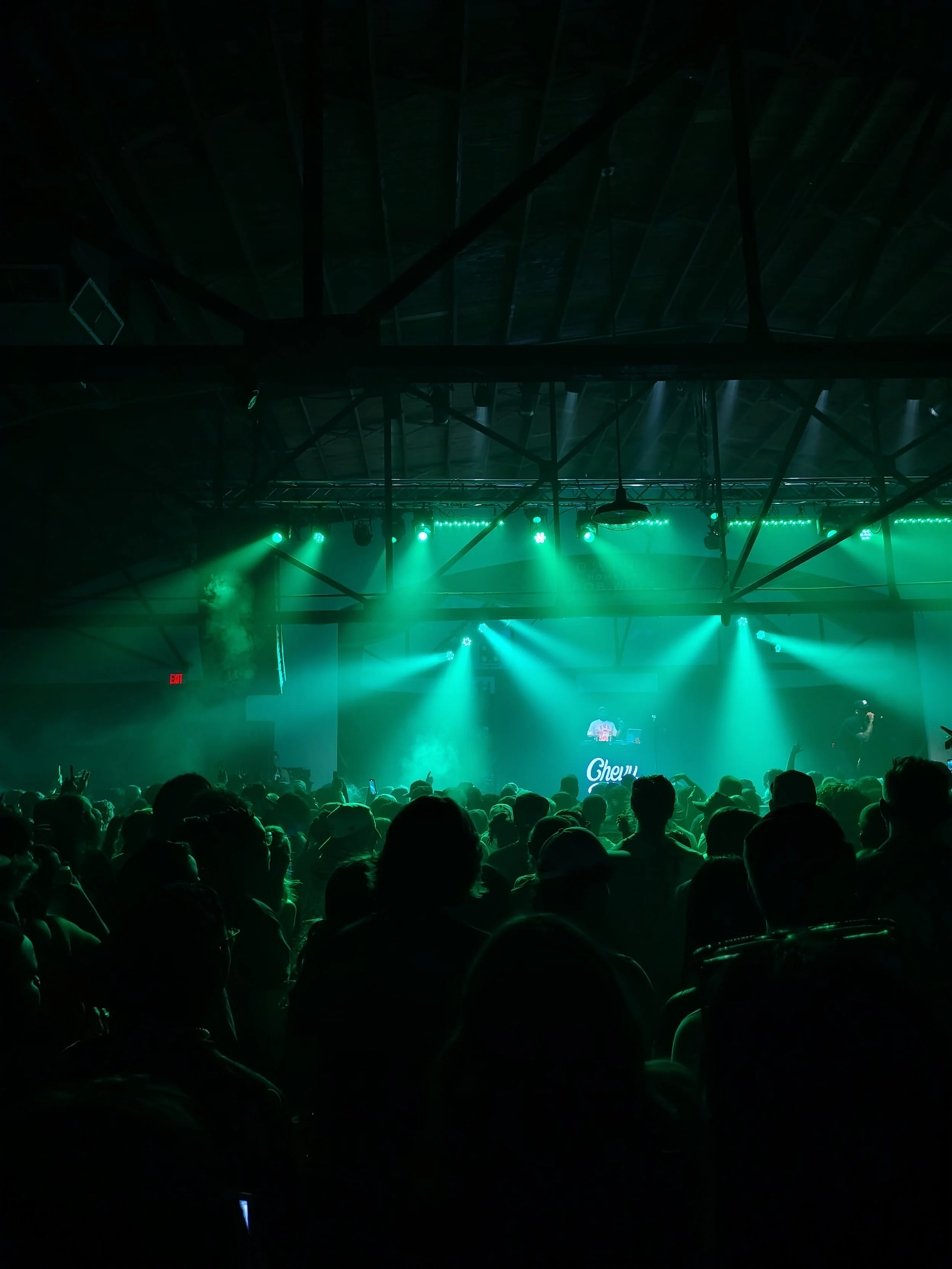 A crowded indoor concert with green stage lights illuminating the audience and performers on stage.