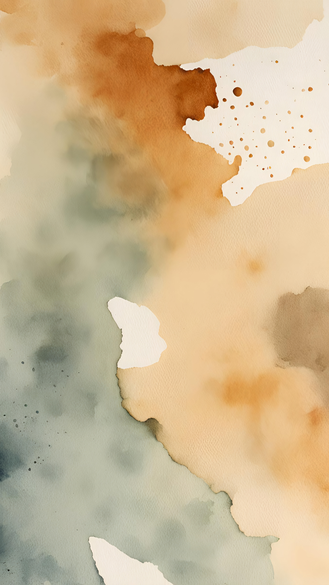 Abstract watercolor painting with shades of brown, green, and beige, featuring scattered paint splatters and torn paper edges.