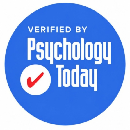 Blue circular badge with white text that says 'Verified by Psychology Today' and a red checkmark inside a smaller white circle.