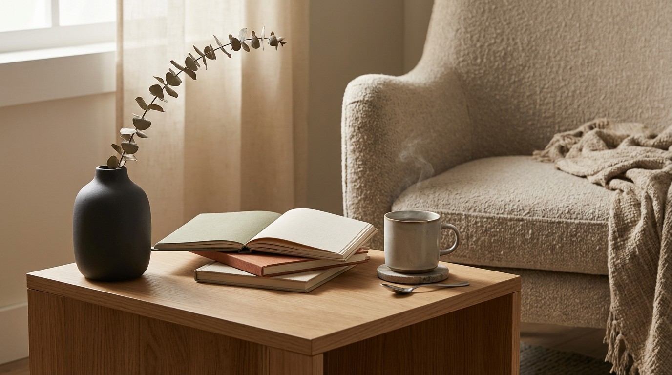 A cozy living room scene with a wooden coffee table holding an open book, a stack of books, a steaming cup on a coaster, and a small spoon. A black vase with eucalyptus branch, a beige armchair, and a window with light-colored curtains are in the background.