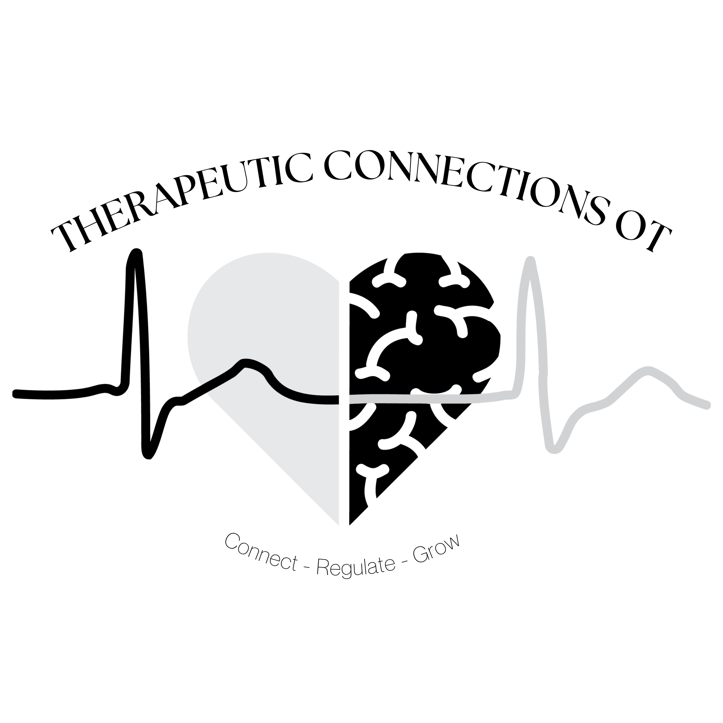 Black and white logo of a heart beat, a heart, and a brain, with the words "Connect, Regulate, Grow"