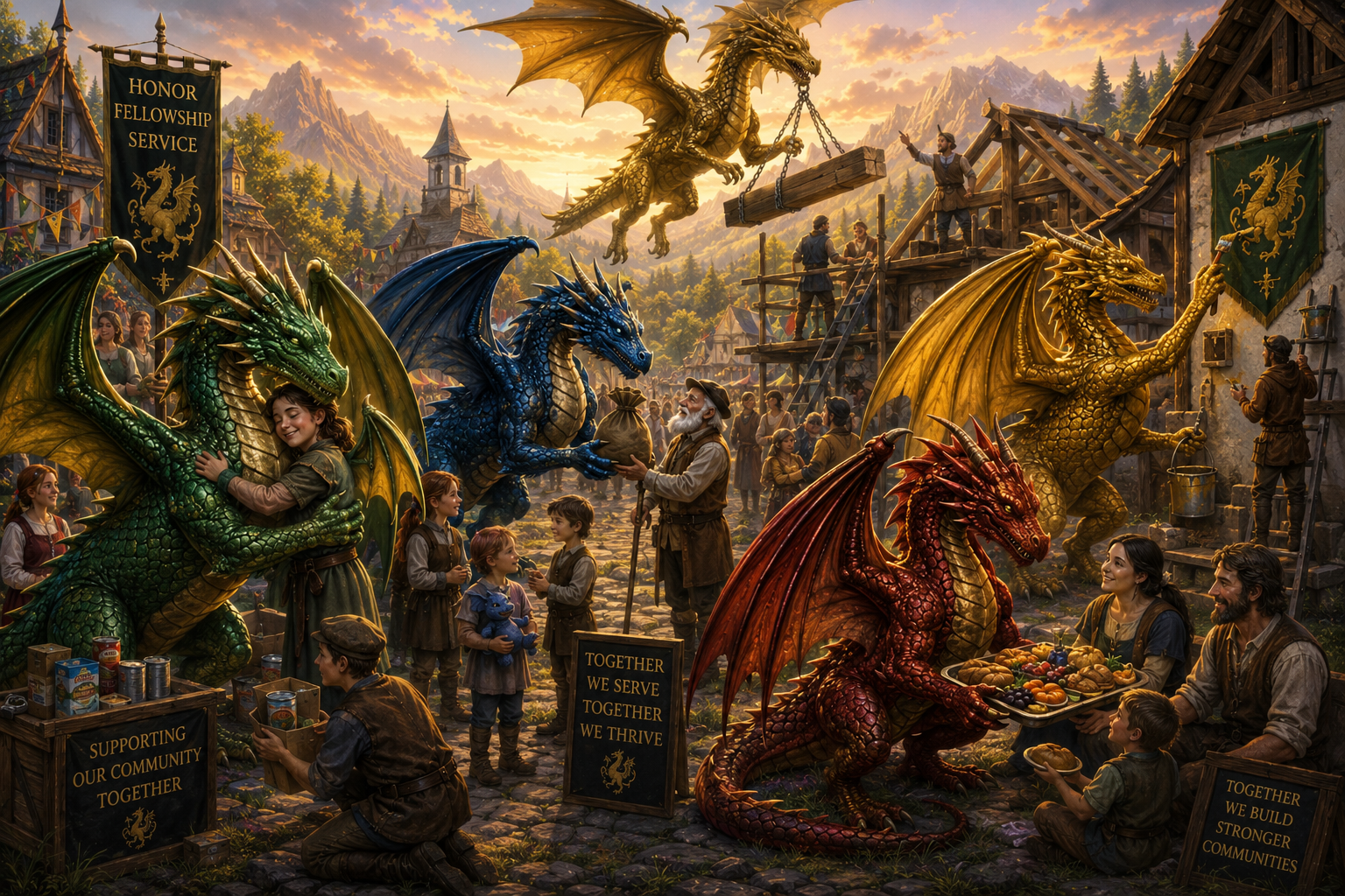 Medieval fantasy scene representing The Draconic Order's commitment to community service and fellowship.
