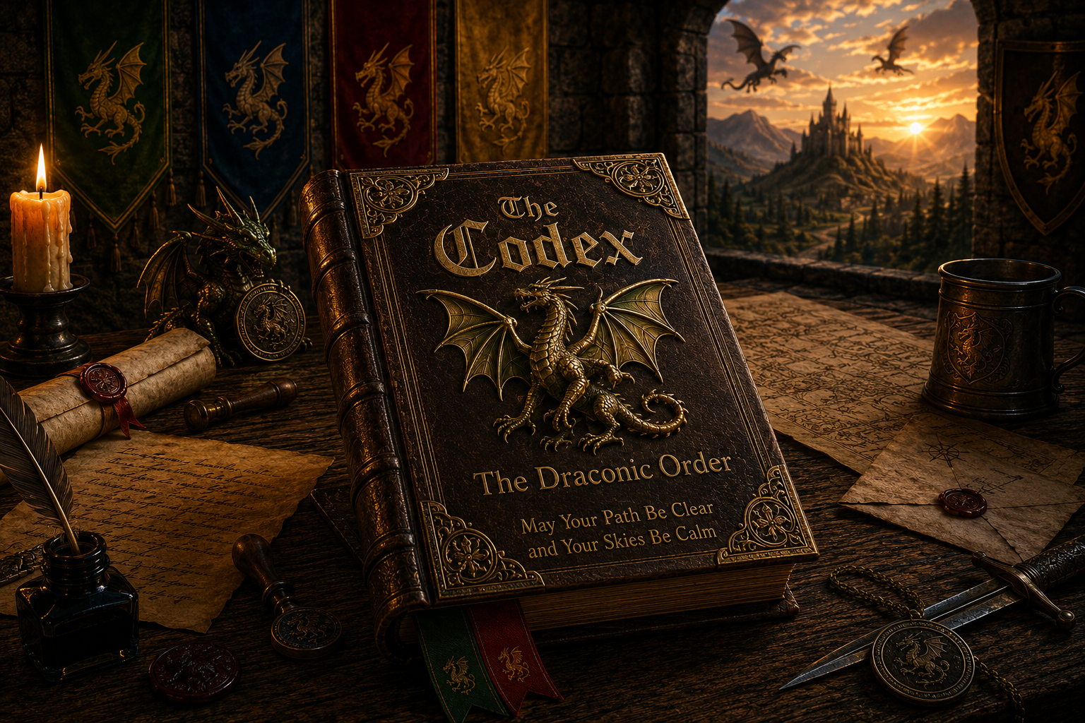 The Codex of The Draconic Order (news, history and updates), represented by a medieval book surrounded by scrolls, a quill and dragon-themed imagery.