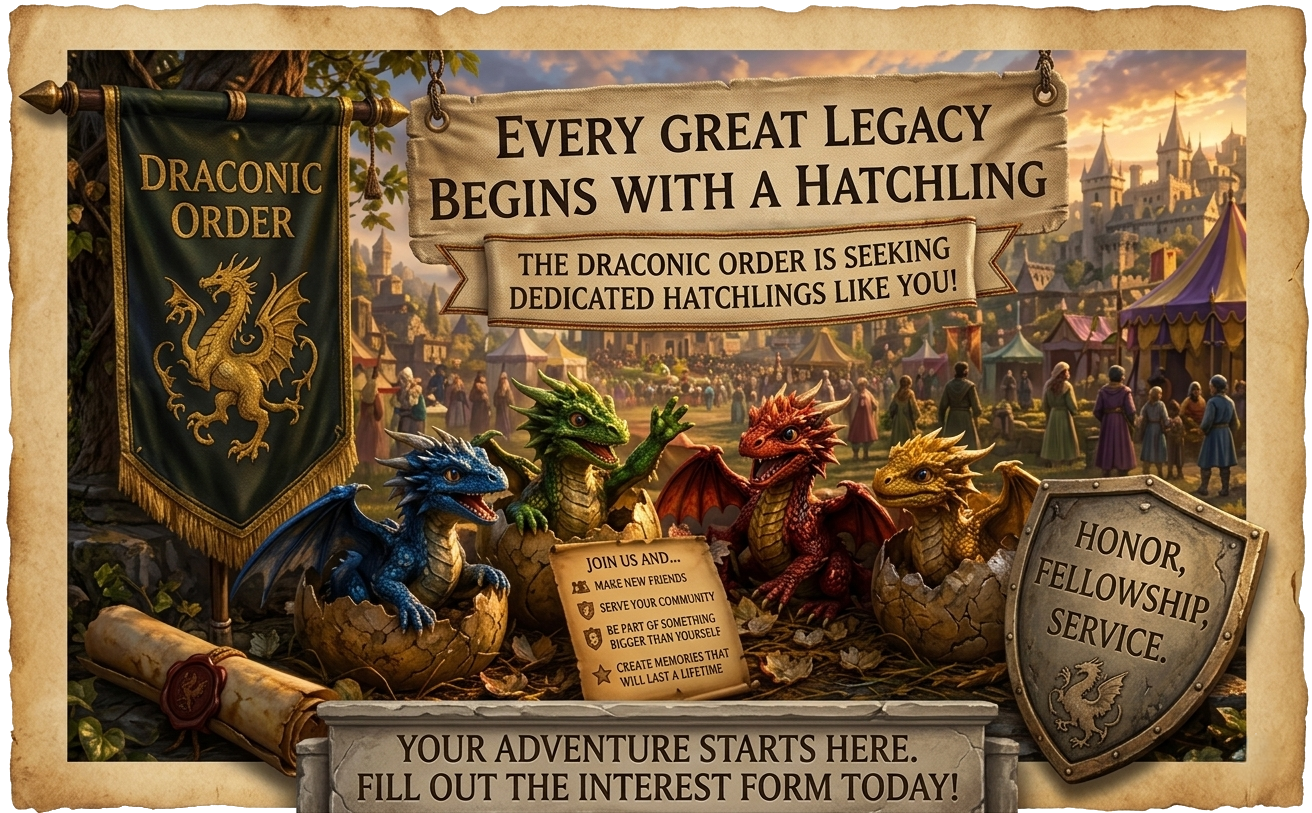 Colorful fantasy-themed promotional image with four hatchling dragons, a dragon crest banner, and medieval tents, promoting “The Draconic Order” and community involvement.