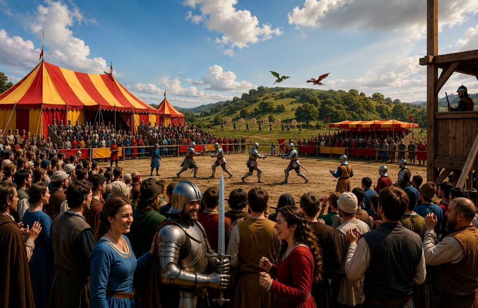 Medieval jousting tournament with armored knights fencing, surrounded by a large crowd of spectators, with a colorful tent and green hills in the background.