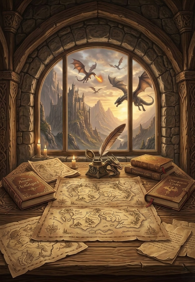 A medieval-style study with a stone arch window overlooking mountains and a castle, dragon flight, candles, a detailed map, open books, a quill, and parchment.
