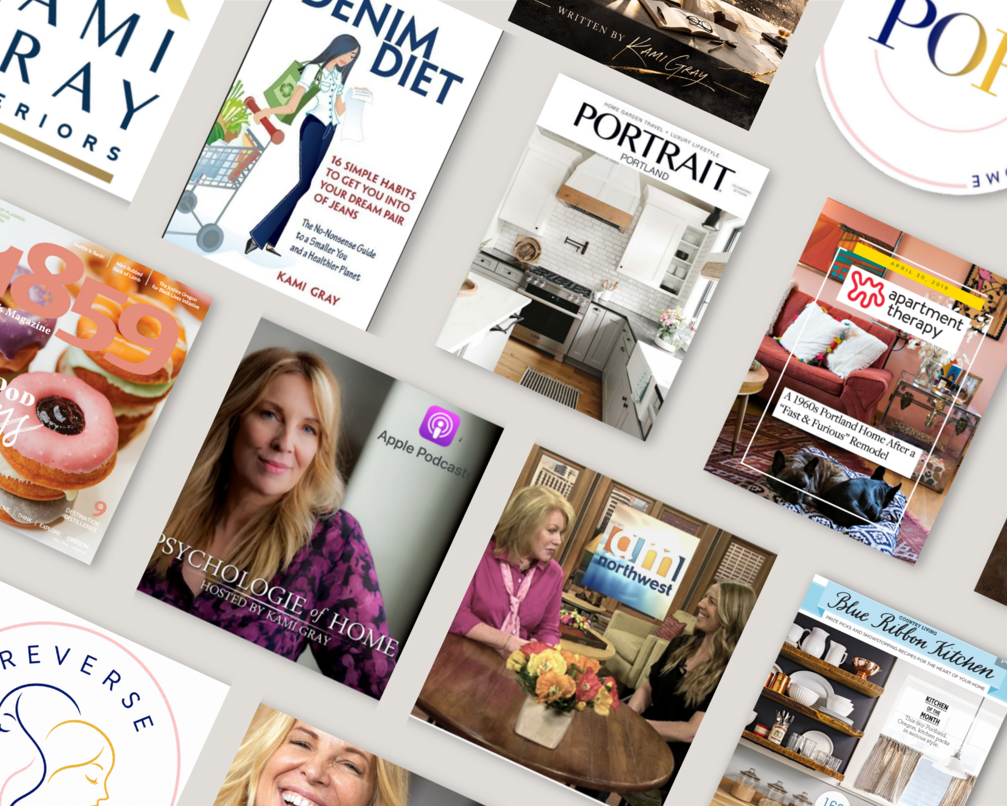 A collage of magazine covers, including topics like home decor, psychology, cooking, travel, and lifestyle. Some covers show people, kitchen interiors, baked goods, and flowers.