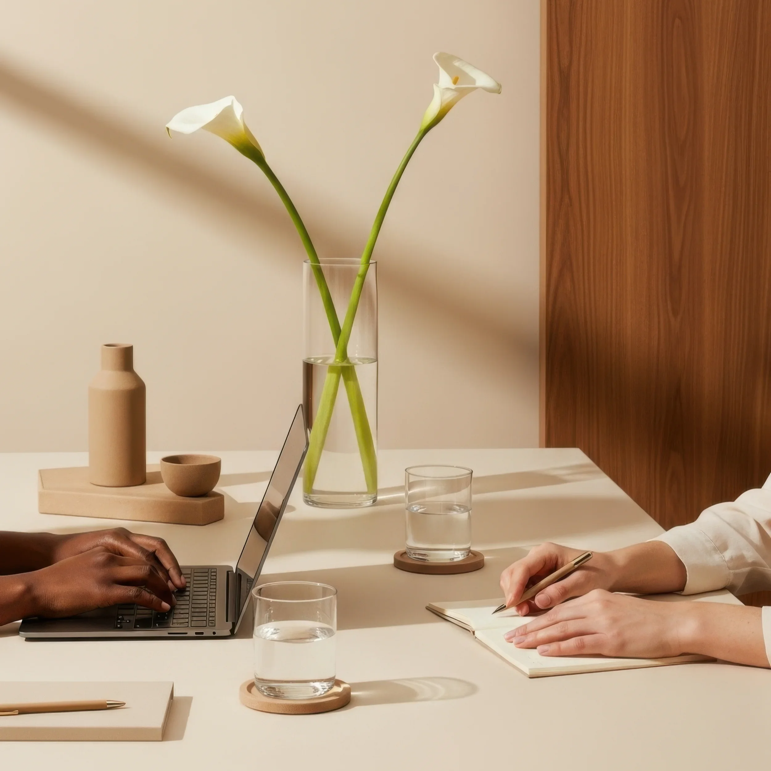 A table with three glasses of water, a laptop, and two people writing in notebooks. A vase with two white calla lilies is in the background.