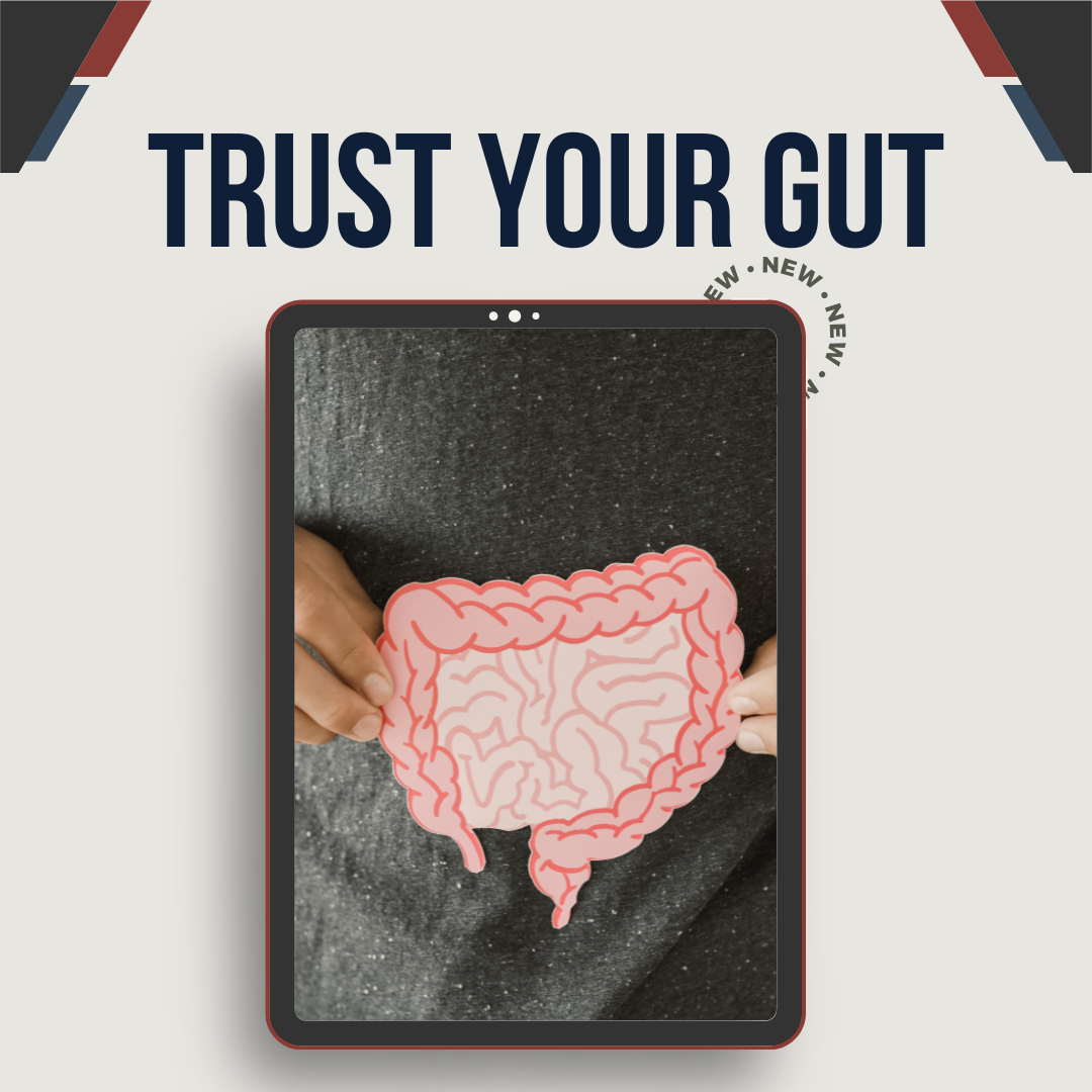 A poster of a person holding a paper cutout of a human intestines illustration over a black surface with a digital device frame. Text above reads 'Trust Your Gut'.