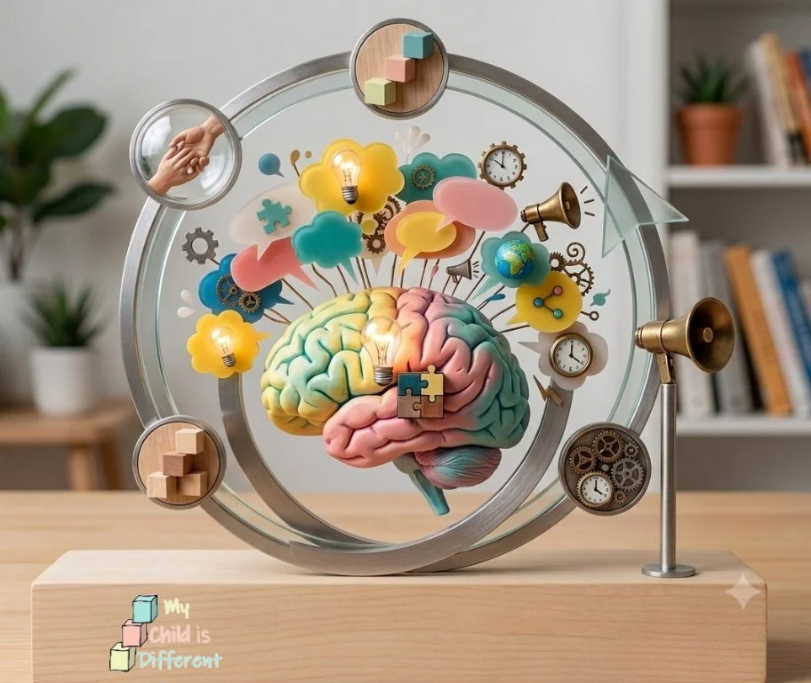 Decorative artwork featuring a colorful human brain at the center with icons of light bulbs, clouds, gears, clocks, and a globe around it, symbolizing ideas, creativity, and learning, with small puzzles on the brain and a wooden base with the phrase "My child is different."