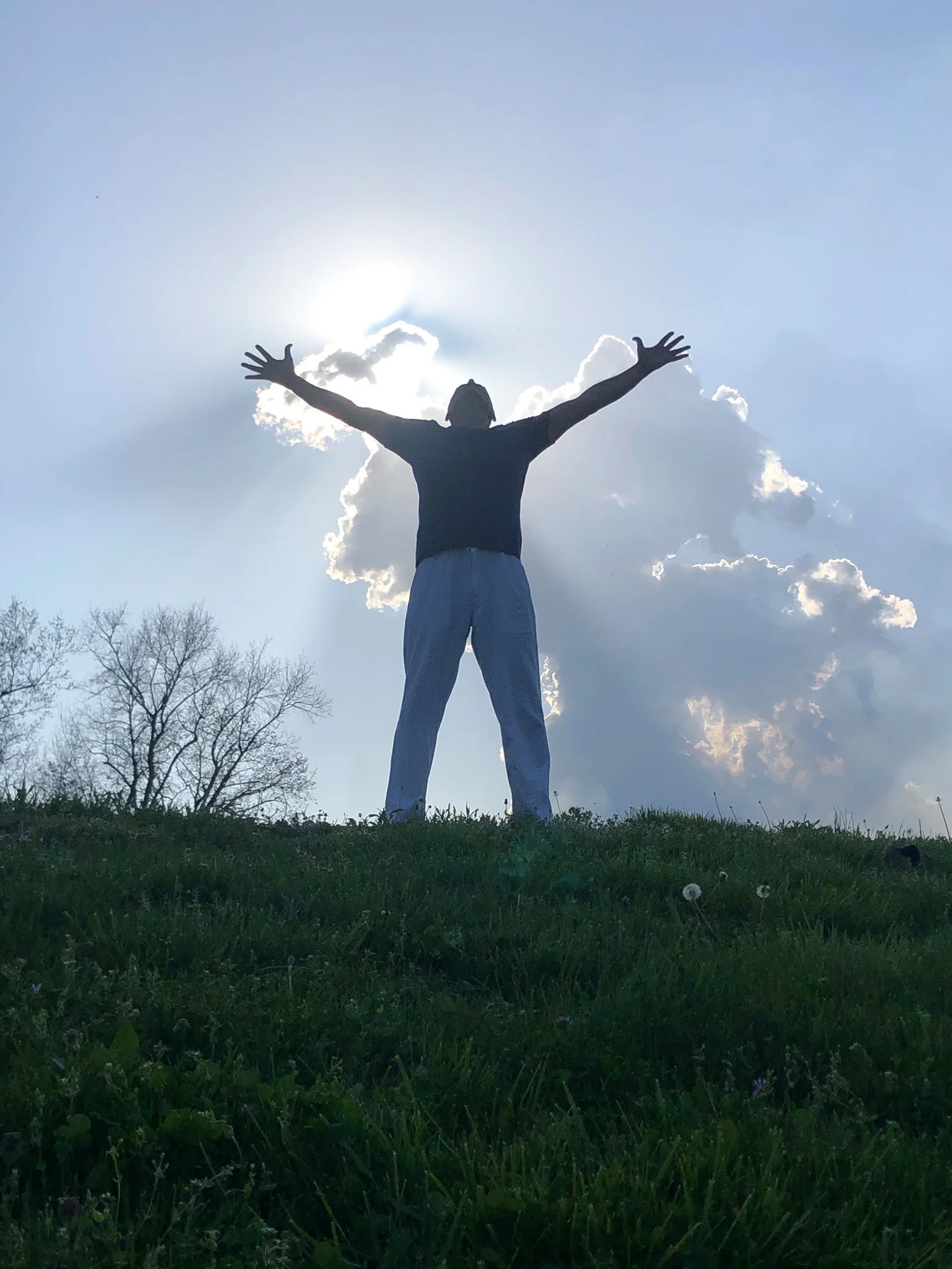 Entrepreneur standing in a field with arms raised toward the sky representing the freedom and breakthrough that comes after releasing inner blocks and starting the transformation journey