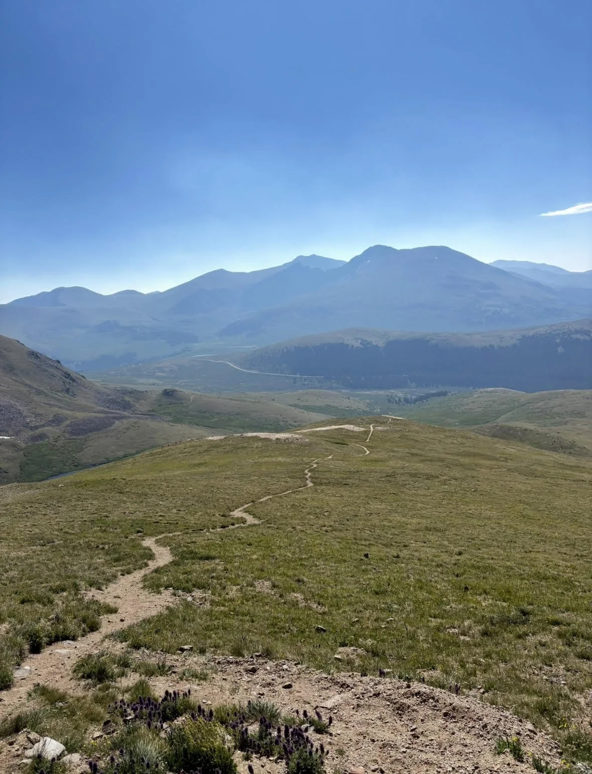 A scenic view of a mountain landscape with a clear blue sky, rolling green hills, and a winding dirt trail in the foreground.